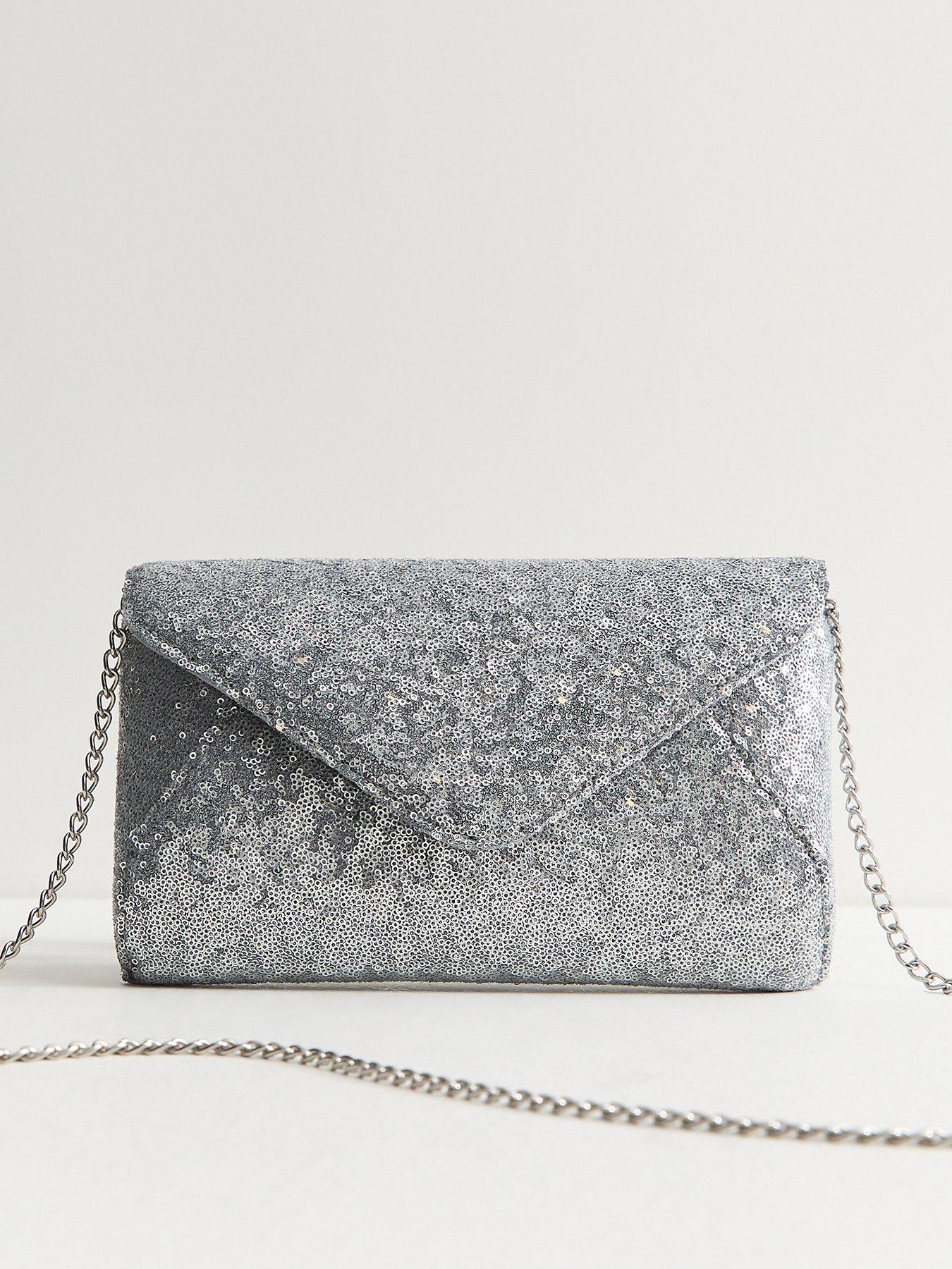 Image 1 of 5 of New Look Womens Sequin Detachable Chain Envelope Clutch Bag - Silver