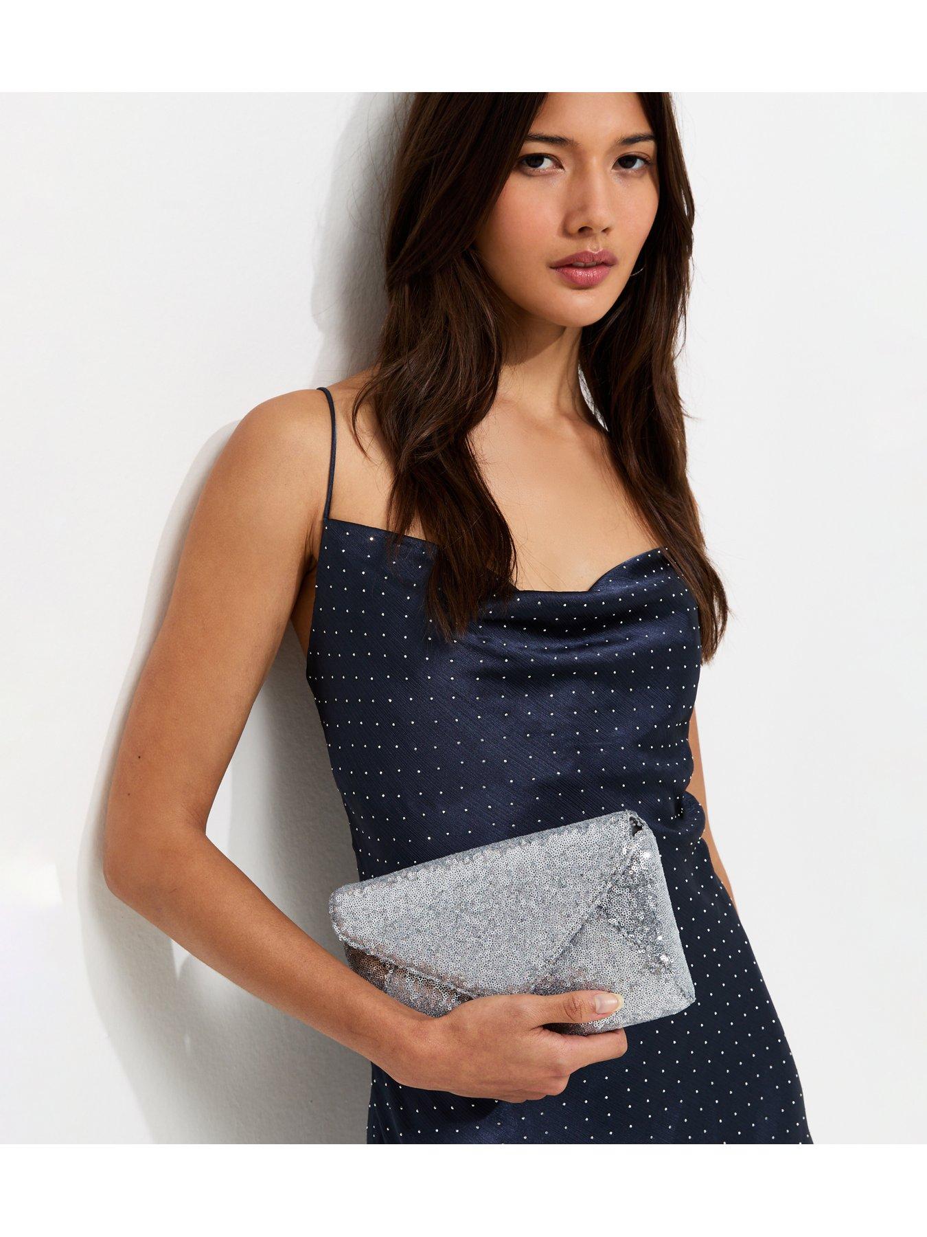 Image 2 of 5 of New Look Womens Sequin Detachable Chain Envelope Clutch Bag - Silver