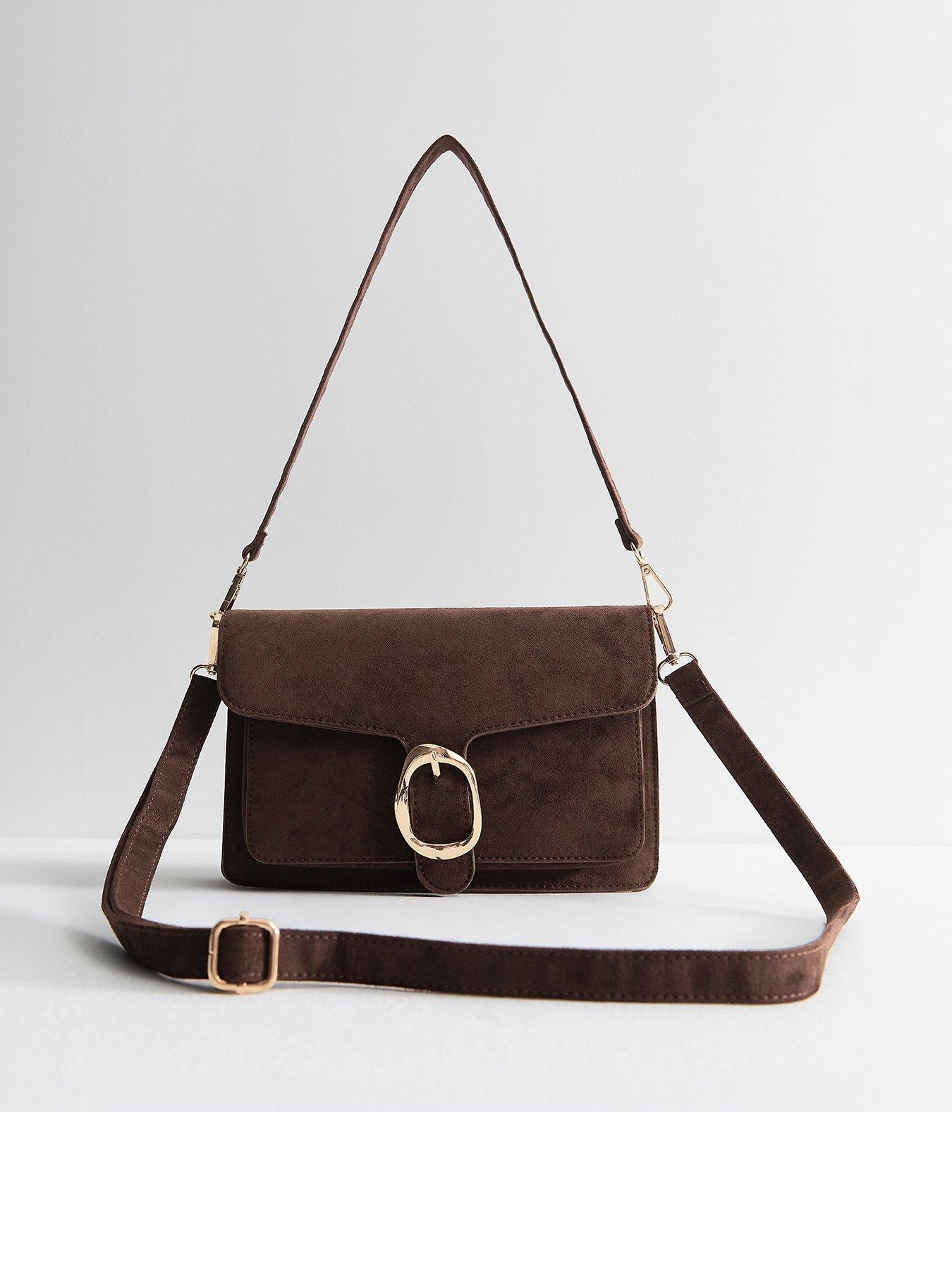 New Look Faux Suede Sculpted Buckle Shoulder School Bag - Brown
