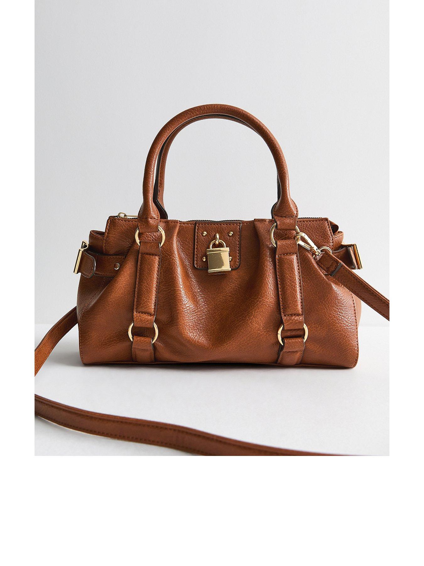 New Look Faux Pebbled Leather Padlock Oversized Crossbody Bag - Brown