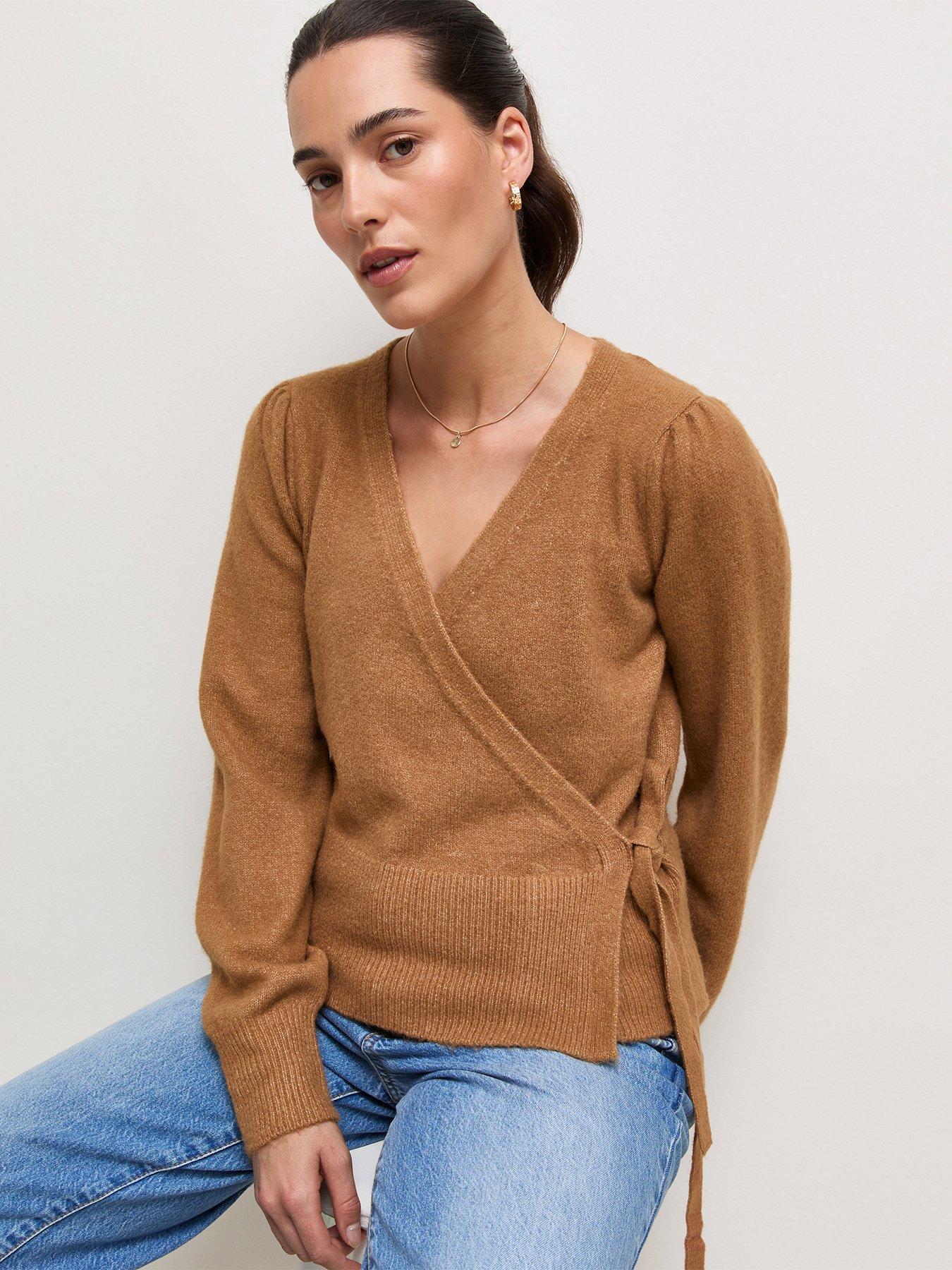 Image 1 of 6 of New Look Womens Puff Sleeve Wrap Jumper - Brown