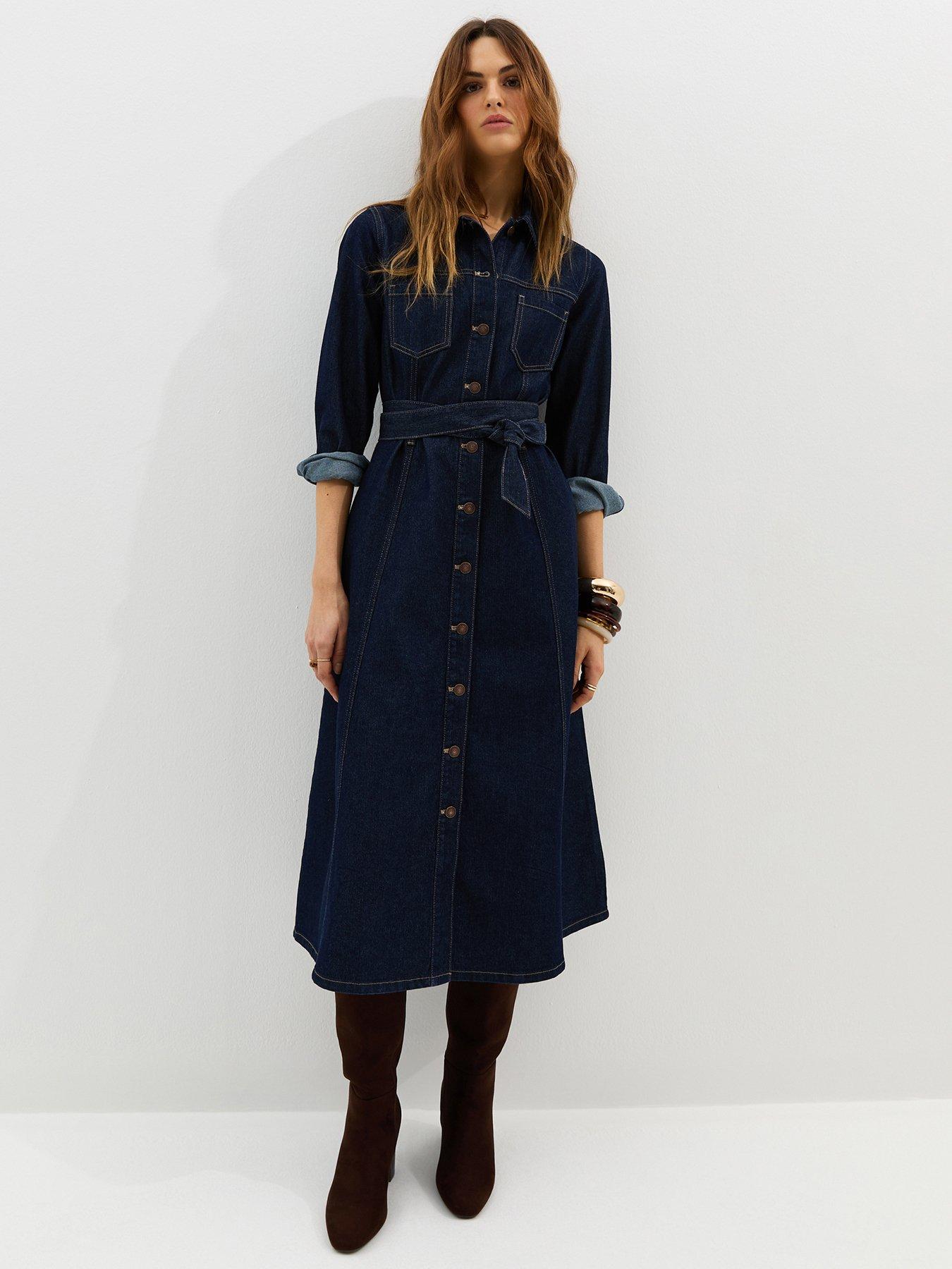 New Look Denim Long Sleeve Shirt Midi Dress - Blue