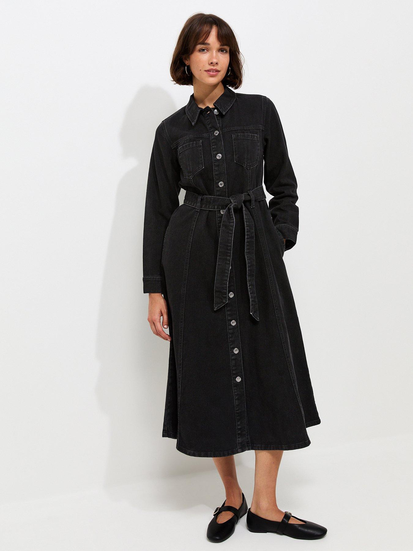 New Look Denim Long Sleeve Shirt Midi Dress - Black