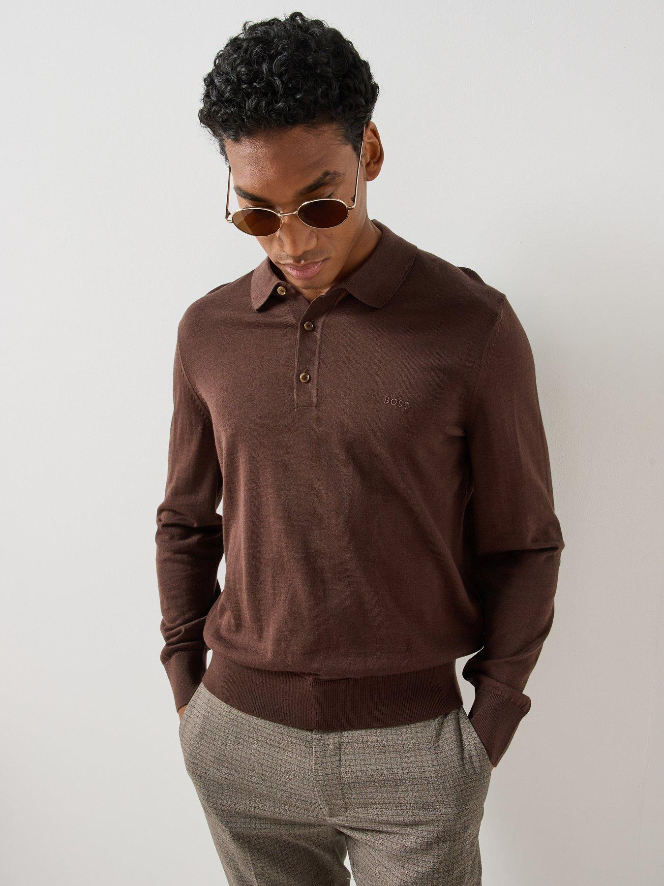Image 1 of 6 of BOSS BOSS Mens H-Lancione-L Virgin Wool Long Sleeve Polo Shirt - Brown