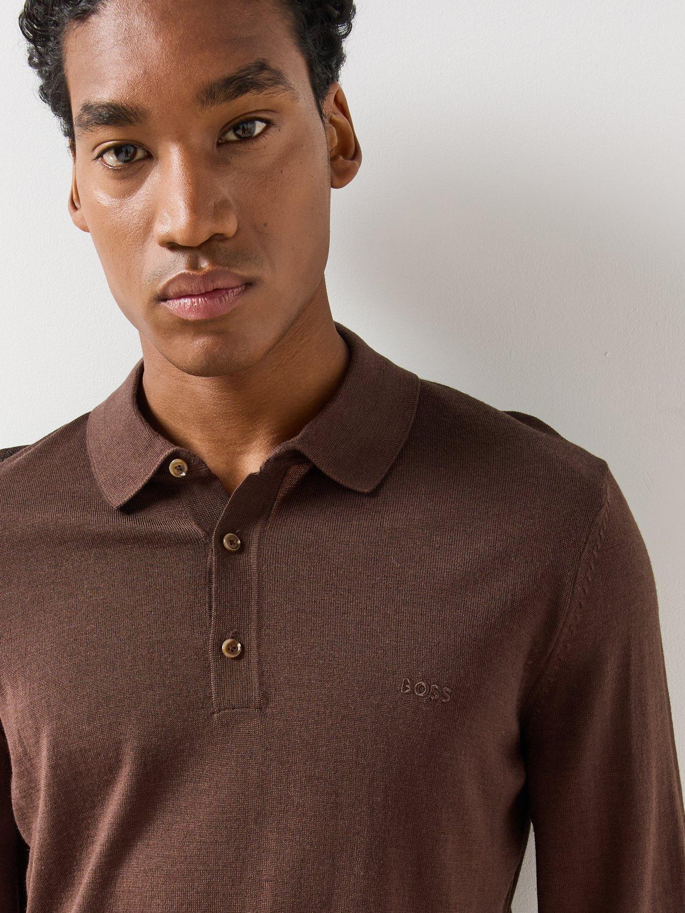 Image 4 of 6 of BOSS BOSS Mens H-Lancione-L Virgin Wool Long Sleeve Polo Shirt - Brown