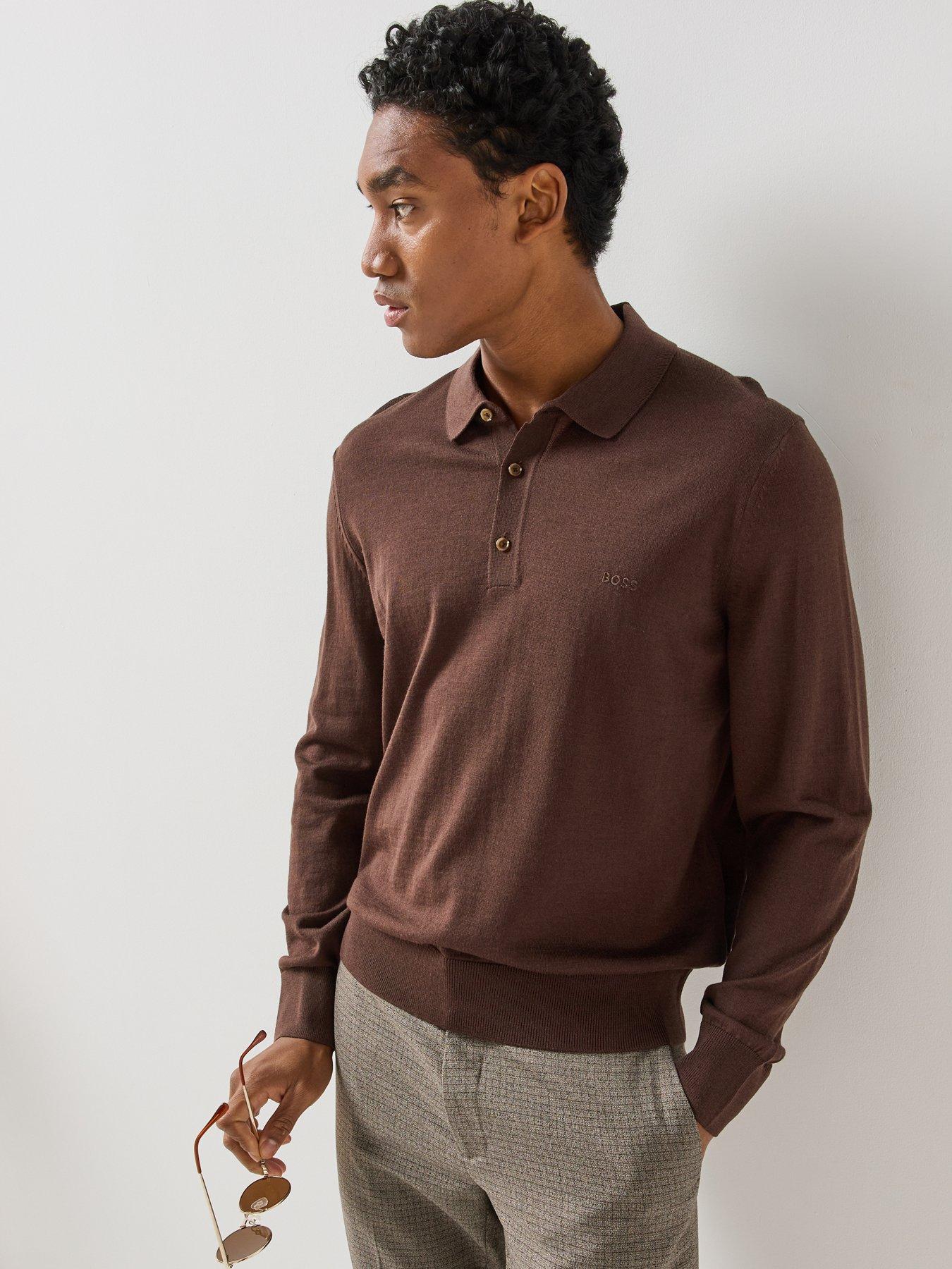 Image 5 of 6 of BOSS BOSS Mens H-Lancione-L Virgin Wool Long Sleeve Polo Shirt - Brown