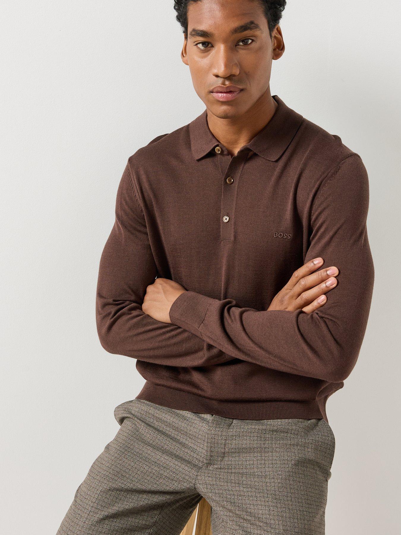 Image 6 of 6 of BOSS BOSS Mens H-Lancione-L Virgin Wool Long Sleeve Polo Shirt - Brown