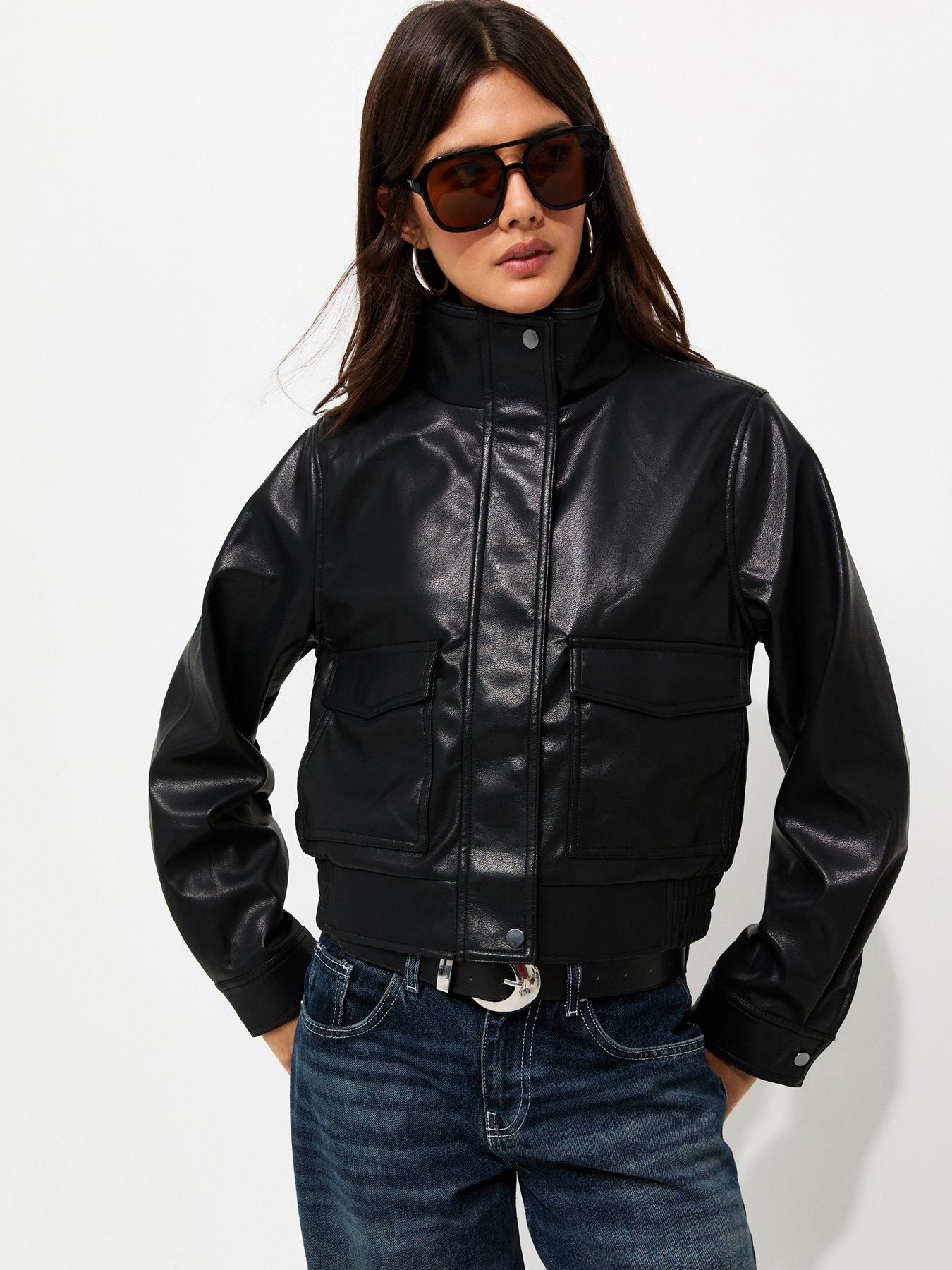 New Look Black Faux Leather Flap Pocket Funnel Neck Jacket