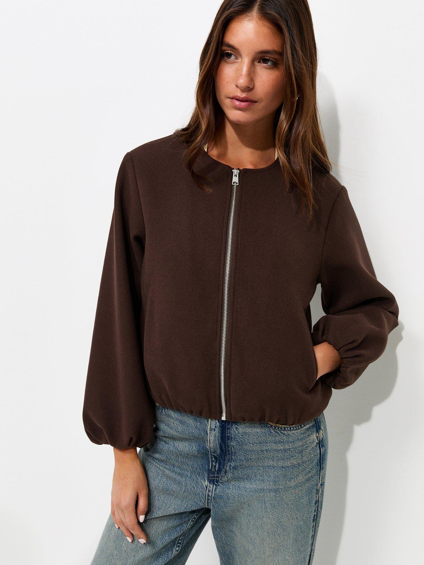 New Look Dark Brown Collarless Zip Through Bomber Jacket