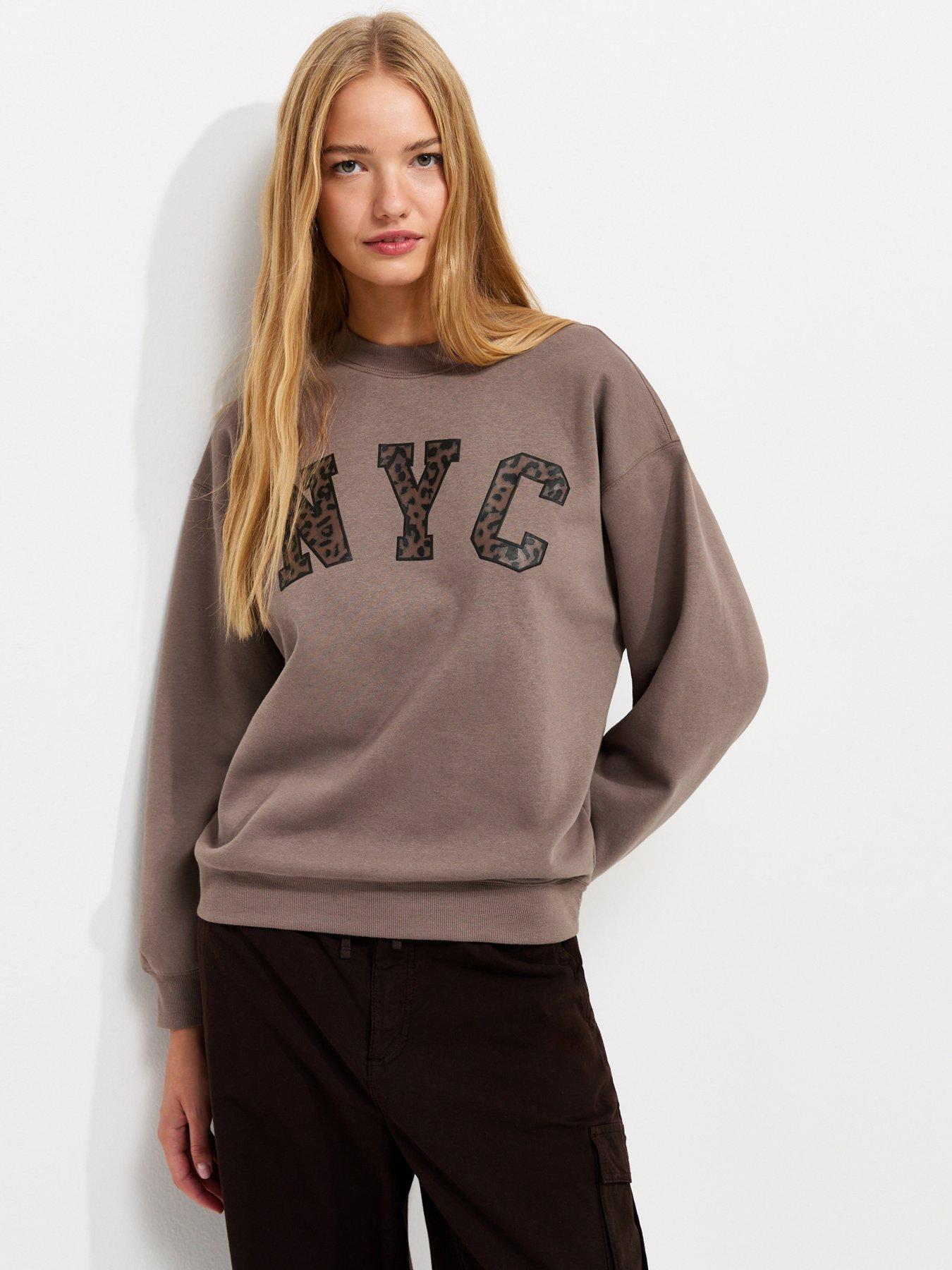 Image 1 of 5 of New Look Leopard Print NYC Graphic Sweatshirt - Brown