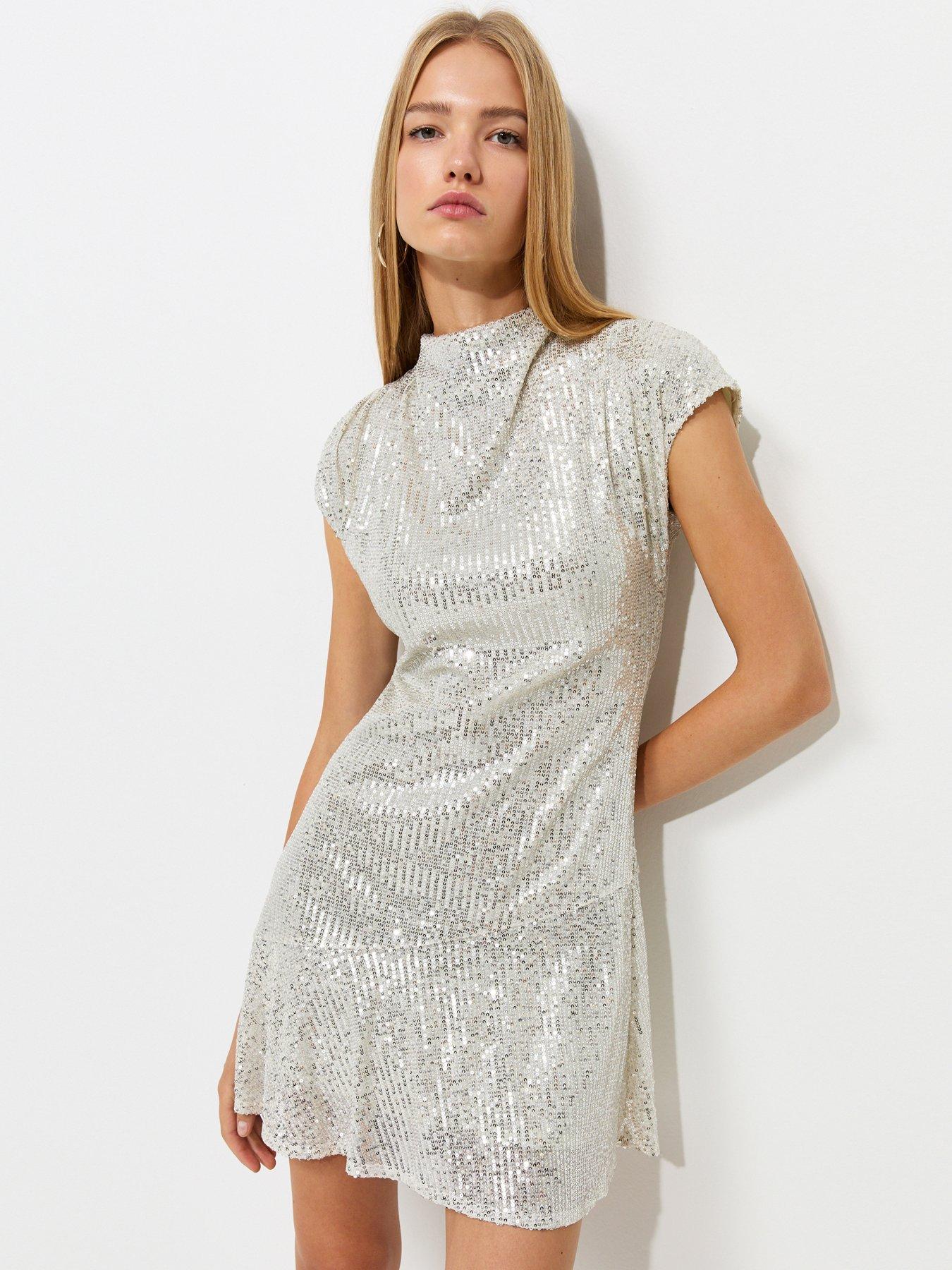 Image 1 of 6 of New Look Womens High Neck Sequin Embellished Mini Dress - Silver