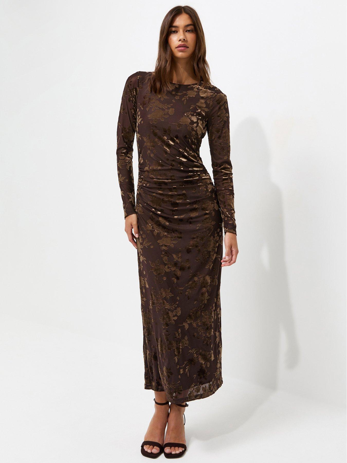 New Look Flocked Velvet Long Sleeve Midi Dress - Brown