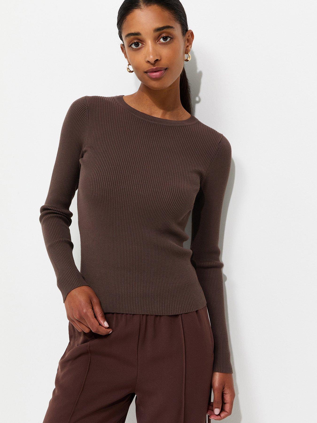 Image 1 of 5 of New Look Dark Mink Ribbed Lightweight Crew Neck Jumper