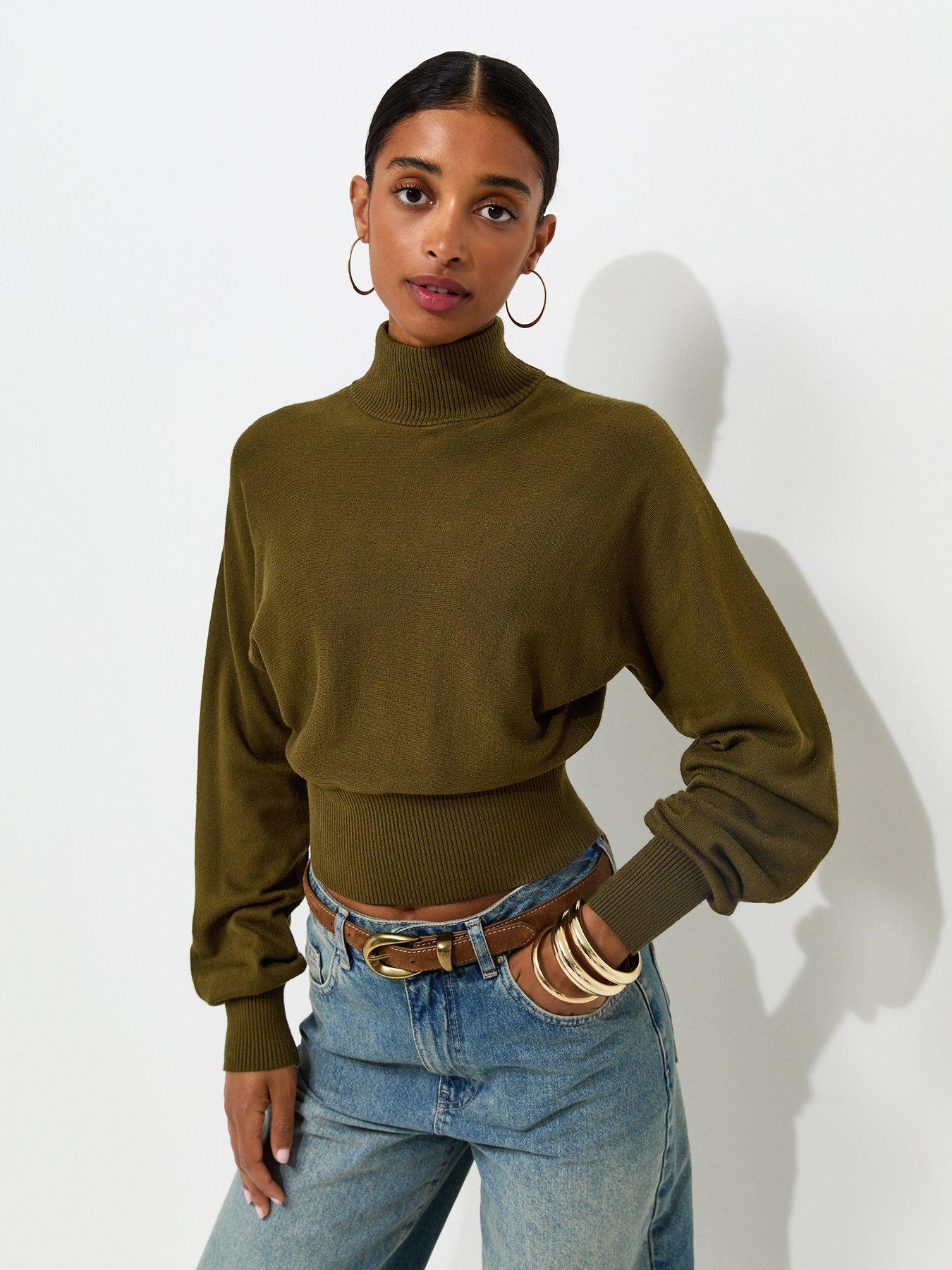 New Look High Neck Batwing Sleeve Knitted Jumper - Green