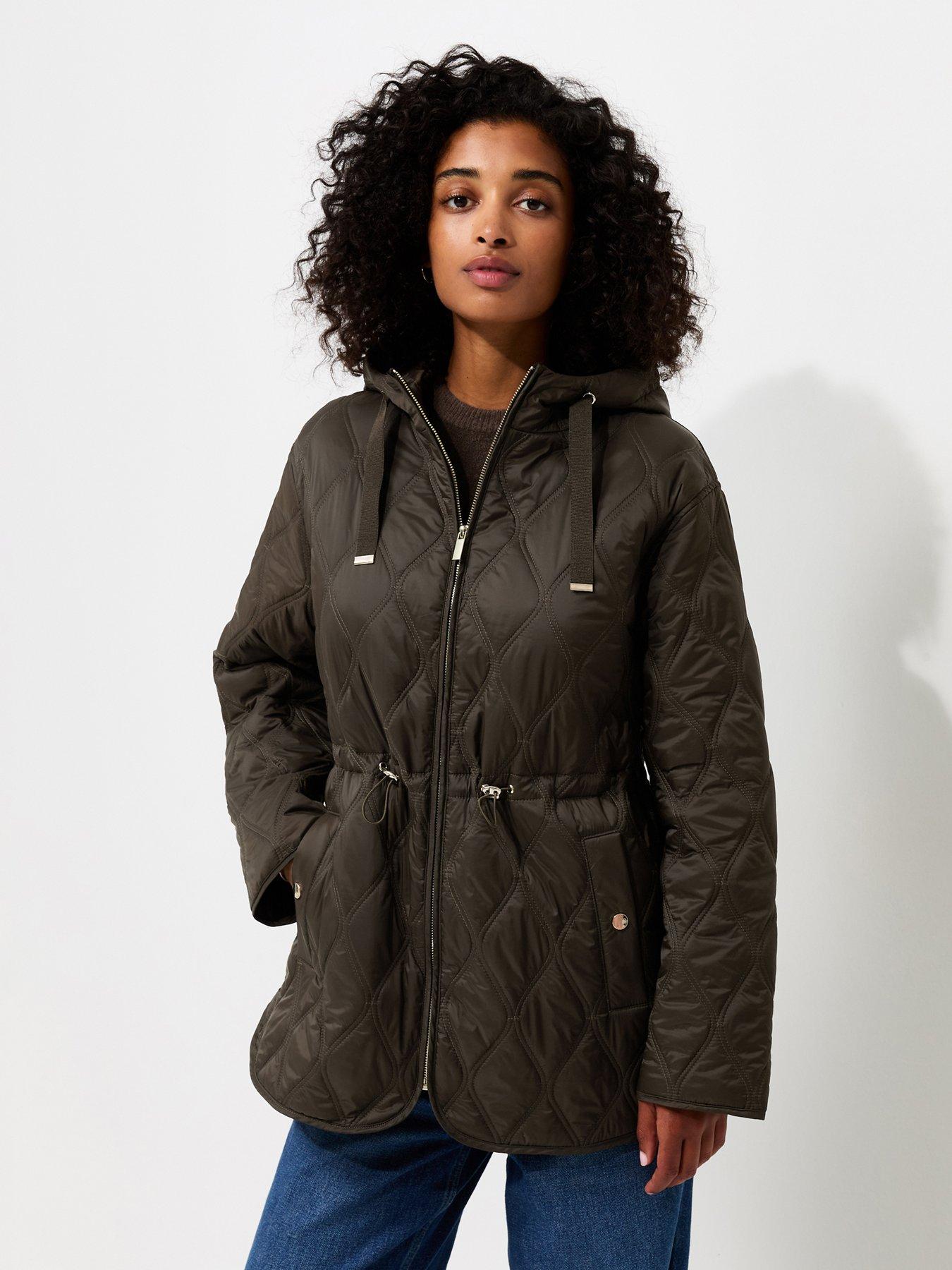 New Look Dark Khaki Quilted Cinched Waist Hooded Jacket