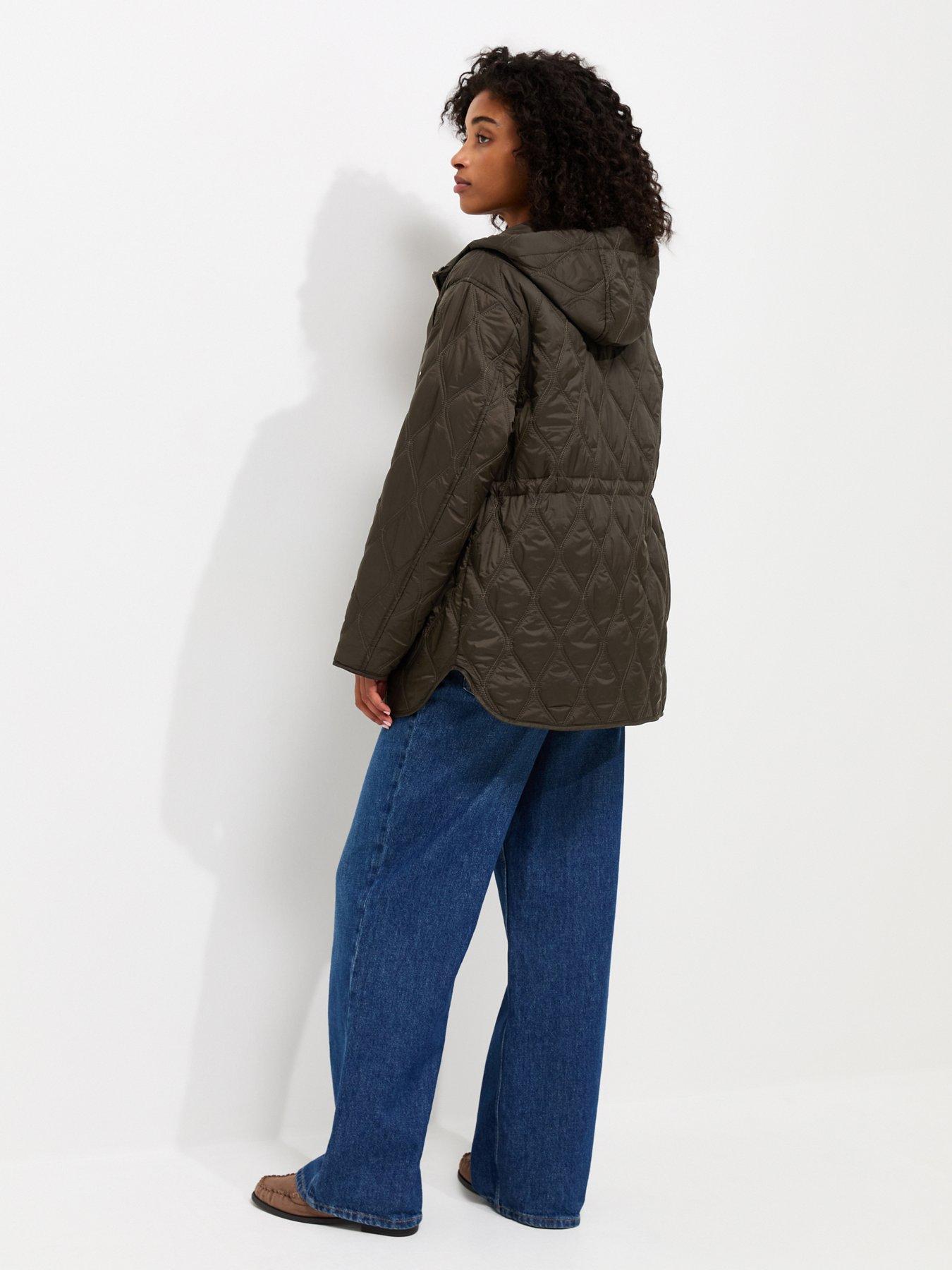 Image 2 of 6 of New Look Dark Khaki Quilted Cinched Waist Hooded Jacket