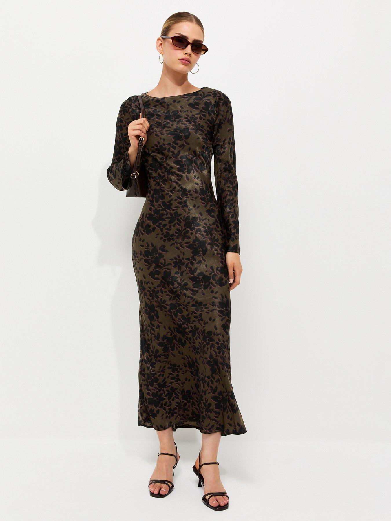New Look Green Long Sleeve Floral Midi Dress