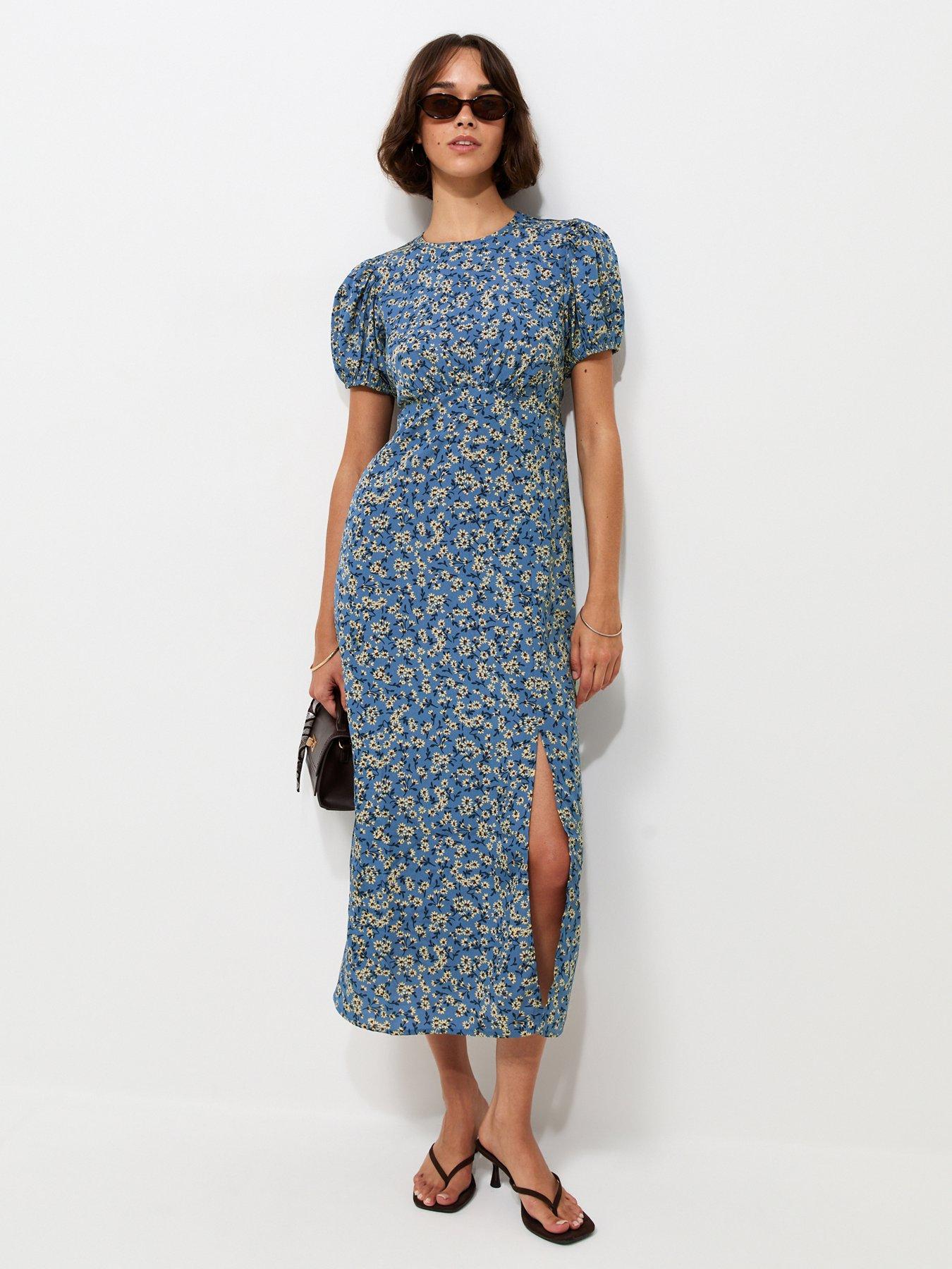 New Look Ditsy Floral Puff Sleeve Split Midi Dress - Blue