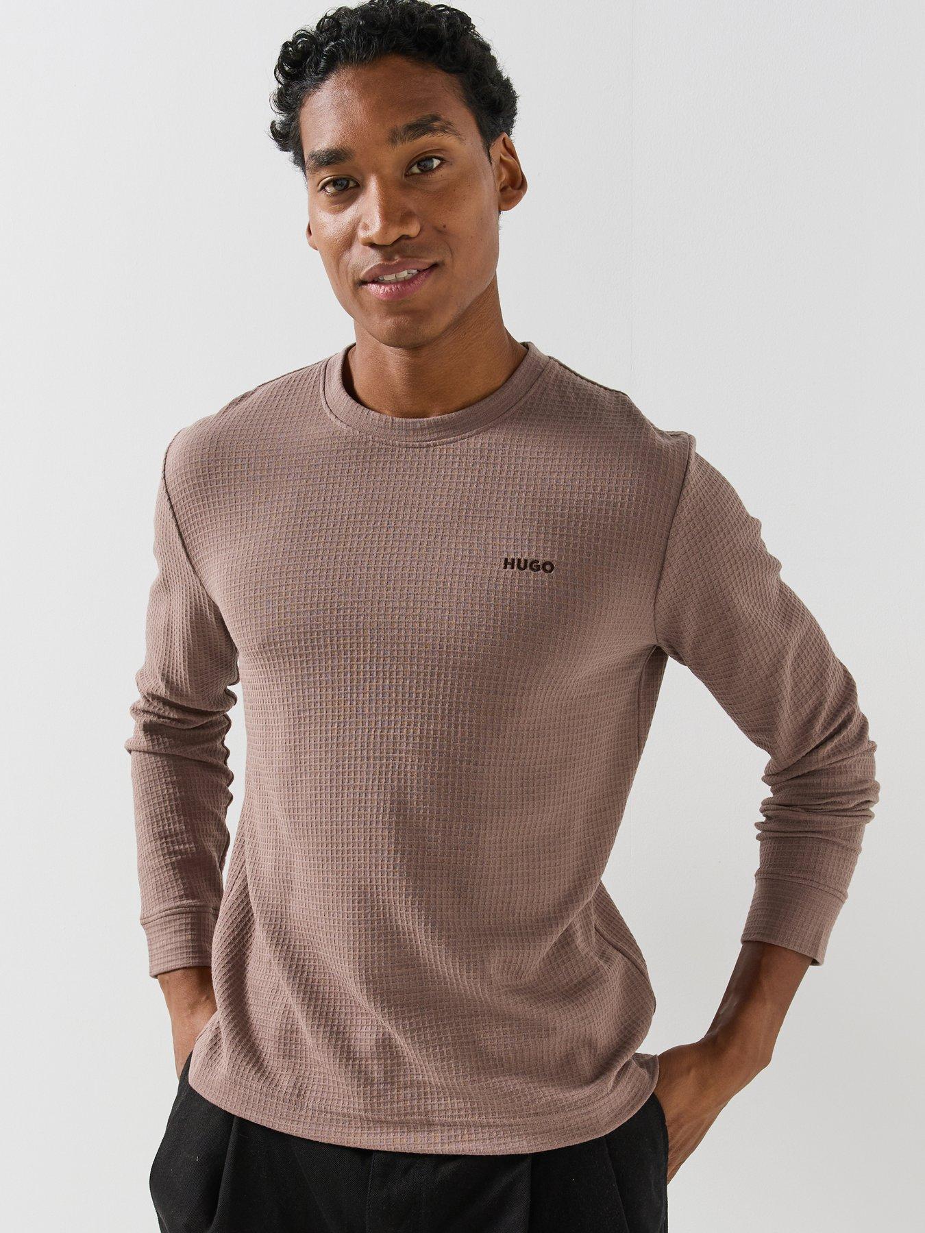 Image 1 of 6 of HUGO Mens Austin Waffle Texture Long Sleeve Loungewear Top - Brown