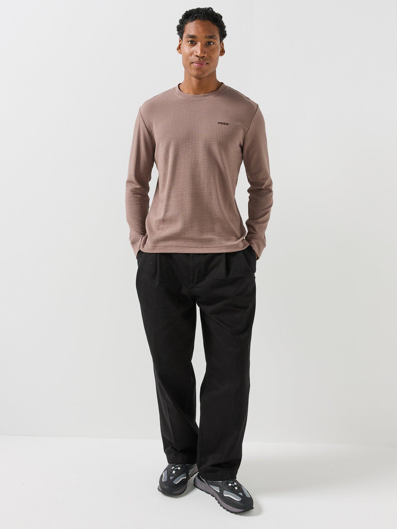 Image 3 of 6 of HUGO Mens Austin Waffle Texture Long Sleeve Loungewear Top - Brown