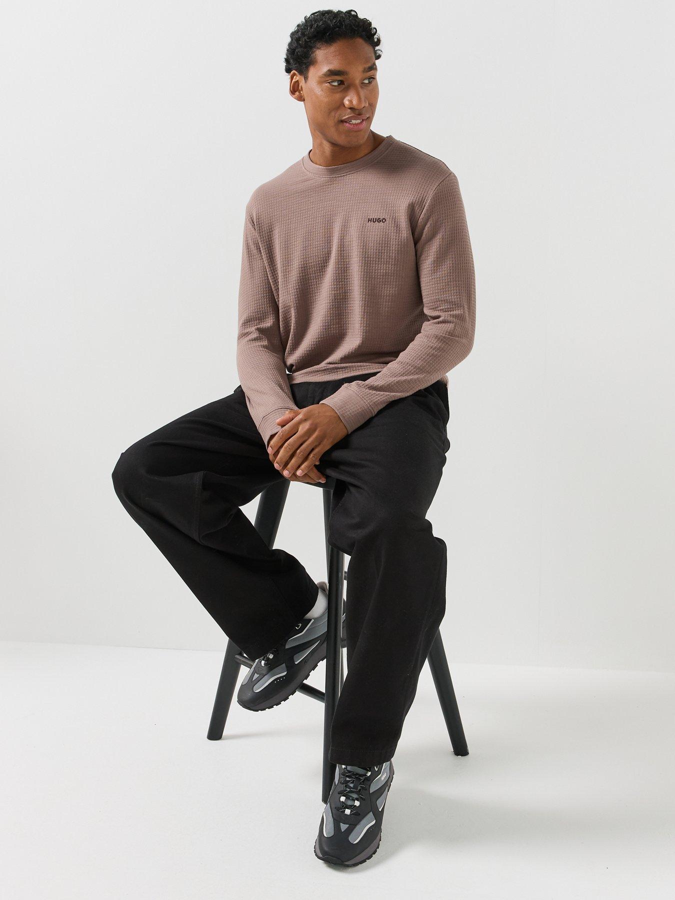Image 6 of 6 of HUGO Mens Austin Waffle Texture Long Sleeve Loungewear Top - Brown