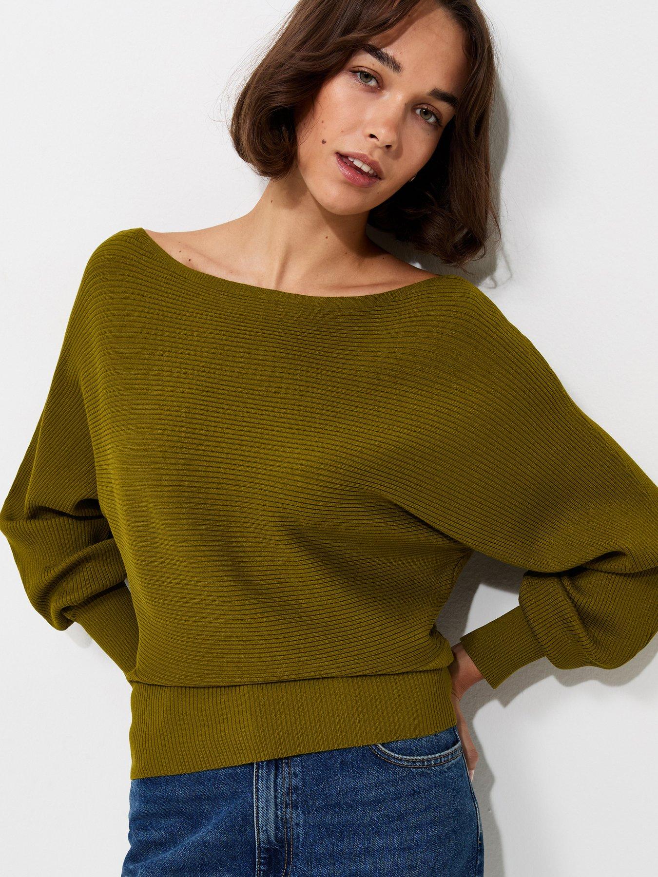 New Look Lightweight Ribbed Knit Slash Neck Batwing Jumper - Green