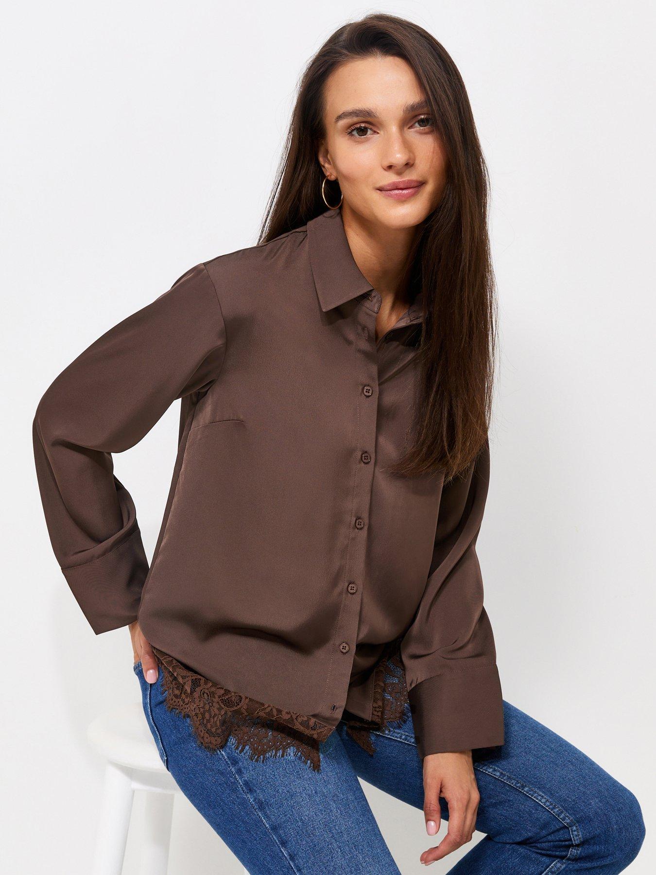New Look Dark Brown Lace Trim Longline Shirt