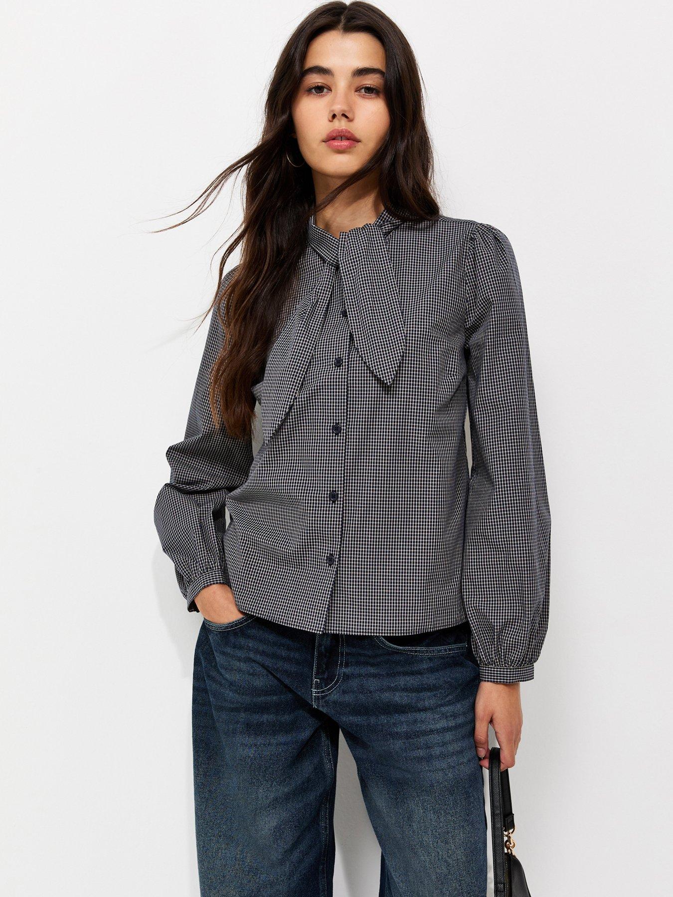 New Look Check Neck Tie Long Sleeve Shirt - Black
