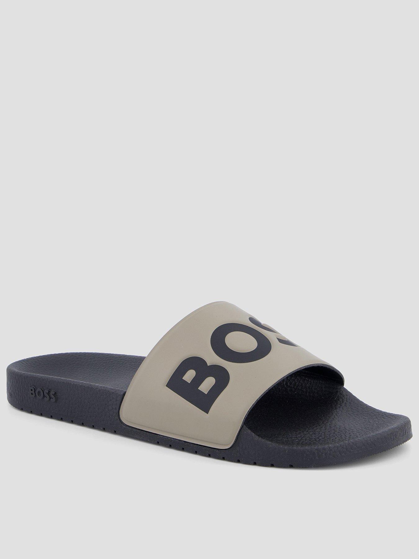 Image 1 of 7 of BOSS Mens Aryeh Logo Strap Slip-On Sliders - Brown