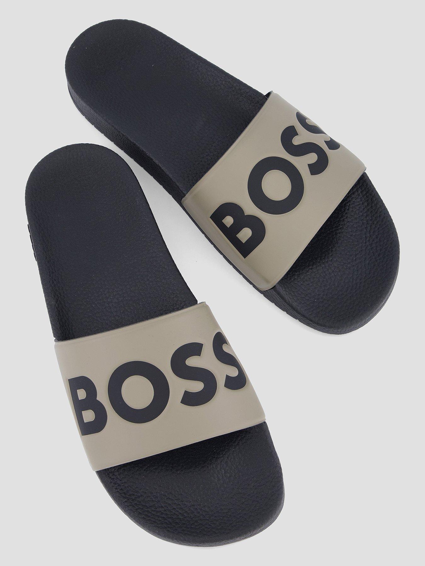 Image 3 of 7 of BOSS Mens Aryeh Logo Strap Slip-On Sliders - Brown