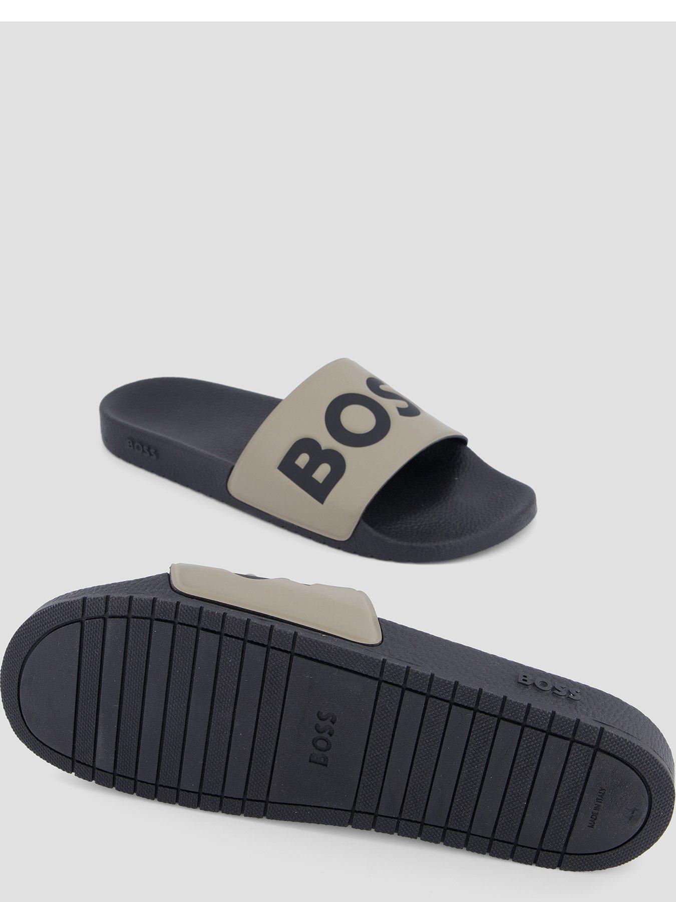 Image 4 of 7 of BOSS Mens Aryeh Logo Strap Slip-On Sliders - Brown