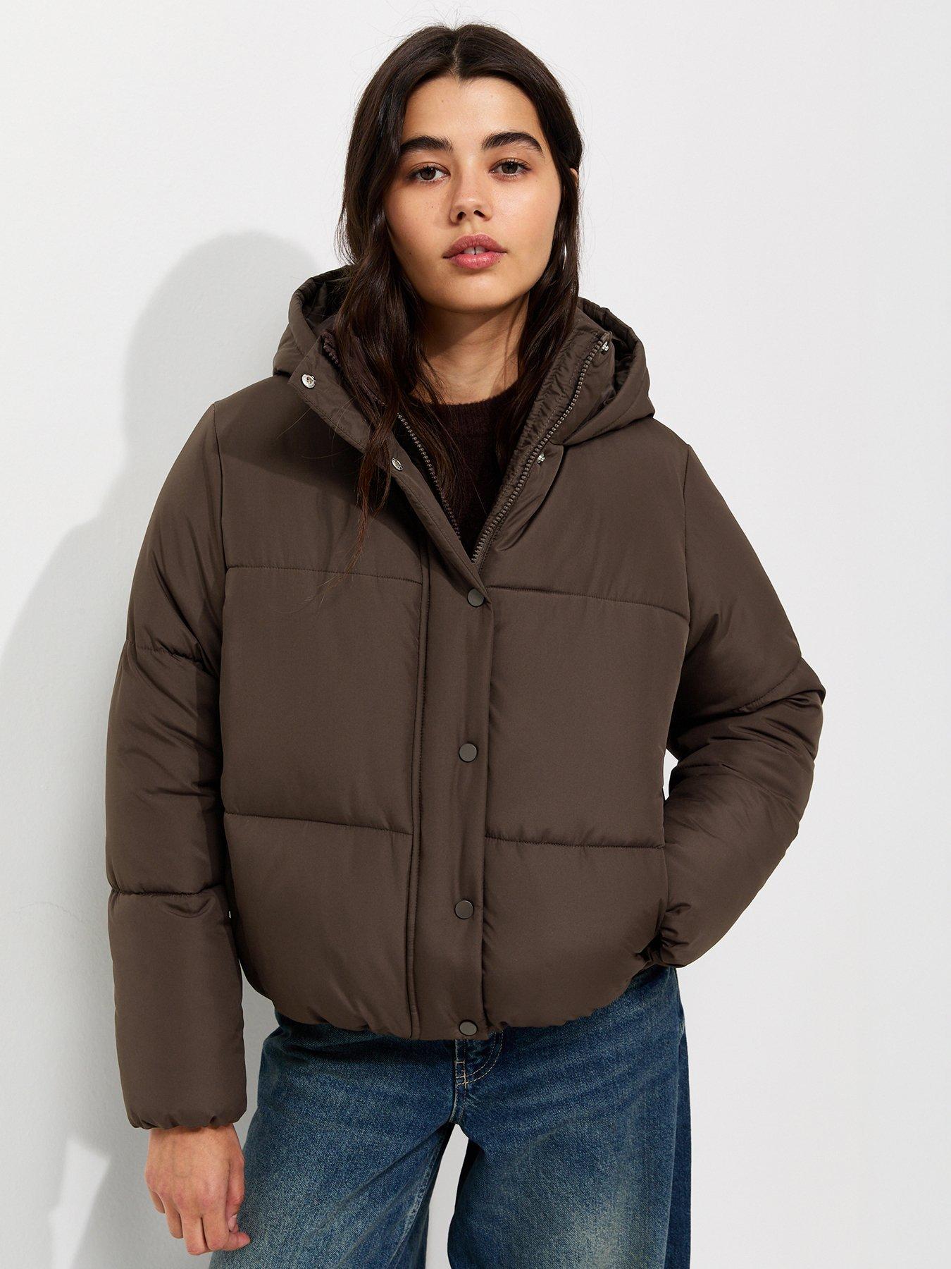 New Look Hooded Crop Puffer Jacket - Brown