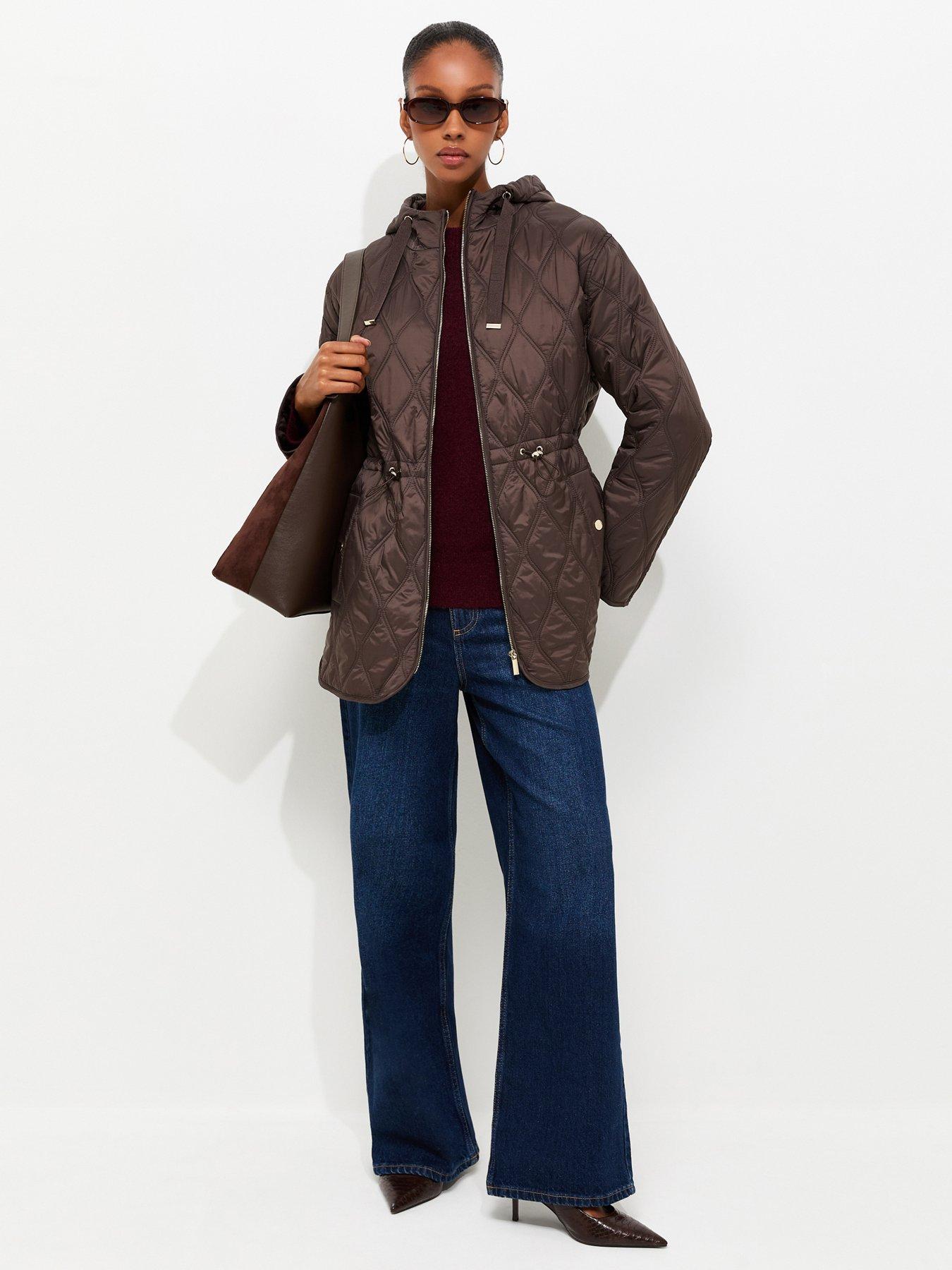 Image 1 of 5 of New Look Dark Brown Quilted Cinched Waist Hooded Jacket