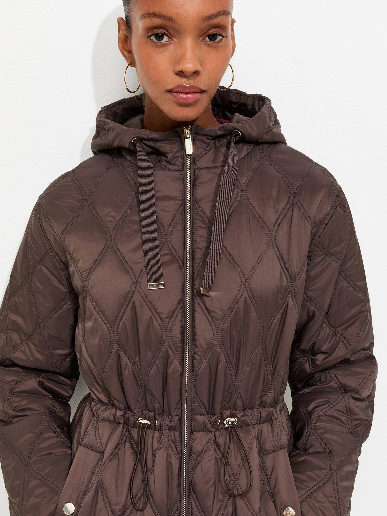 Image 4 of 5 of New Look Dark Brown Quilted Cinched Waist Hooded Jacket