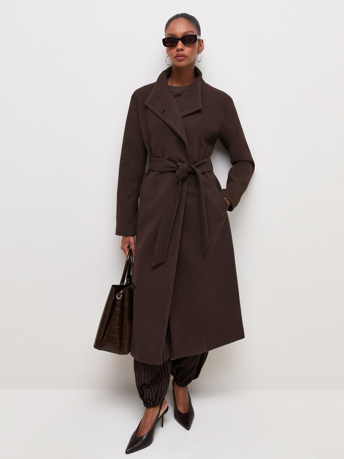 Image 1 of 7 of New Look Funnel Neck Tie Waist Coat - Brown