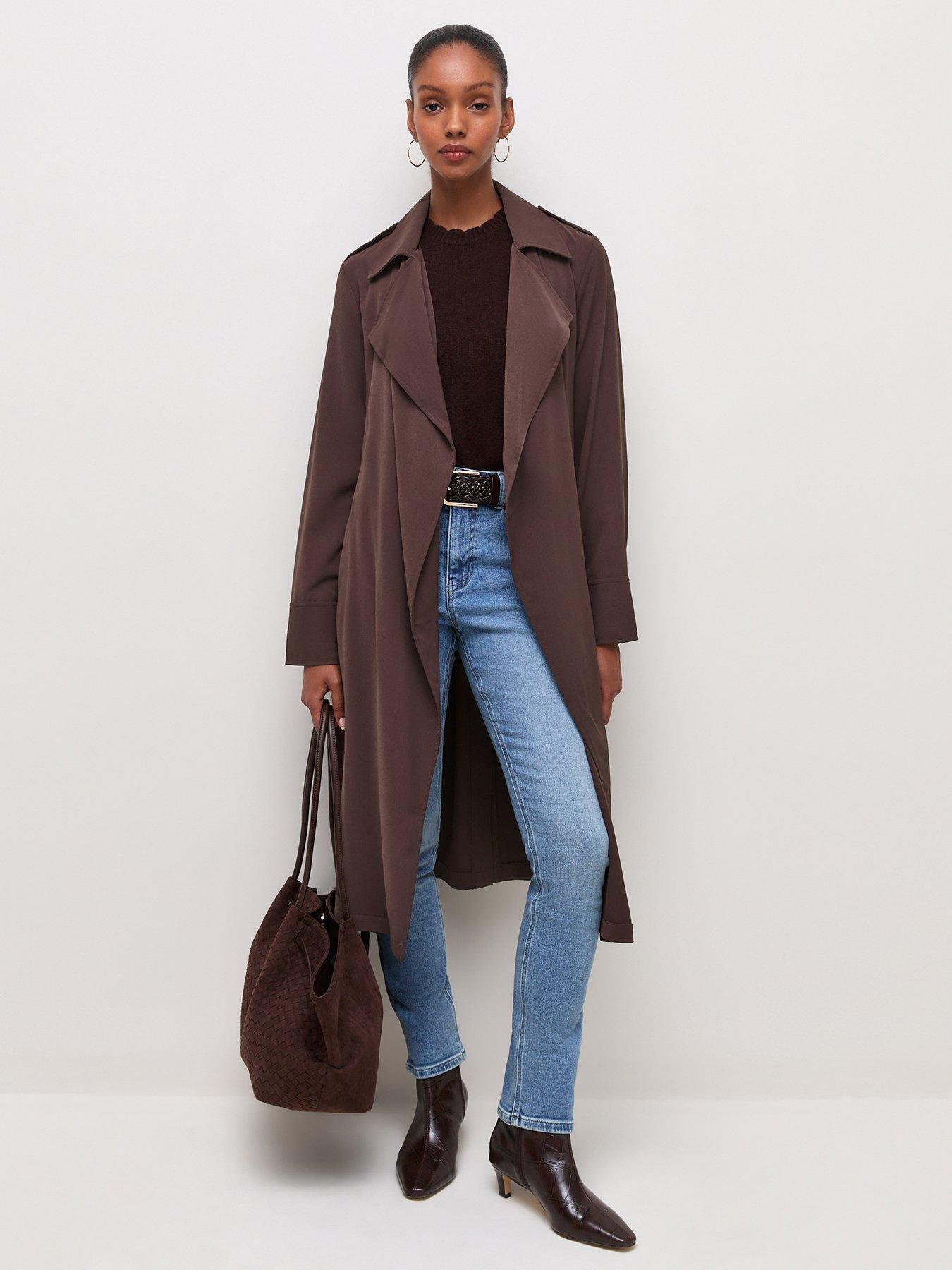 Image 1 of 4 of New Look Waterfall Front Draped Mid-Length Coat - Brown