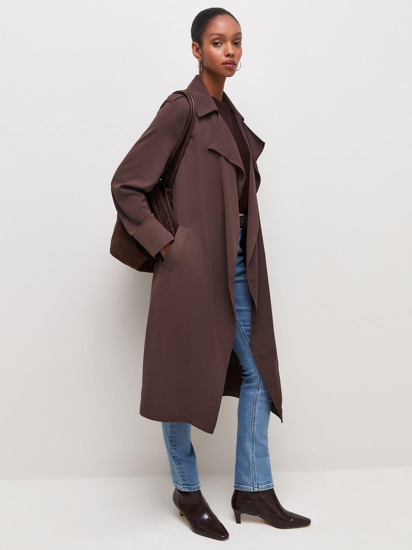 Image 3 of 4 of New Look Waterfall Front Draped Mid-Length Coat - Brown