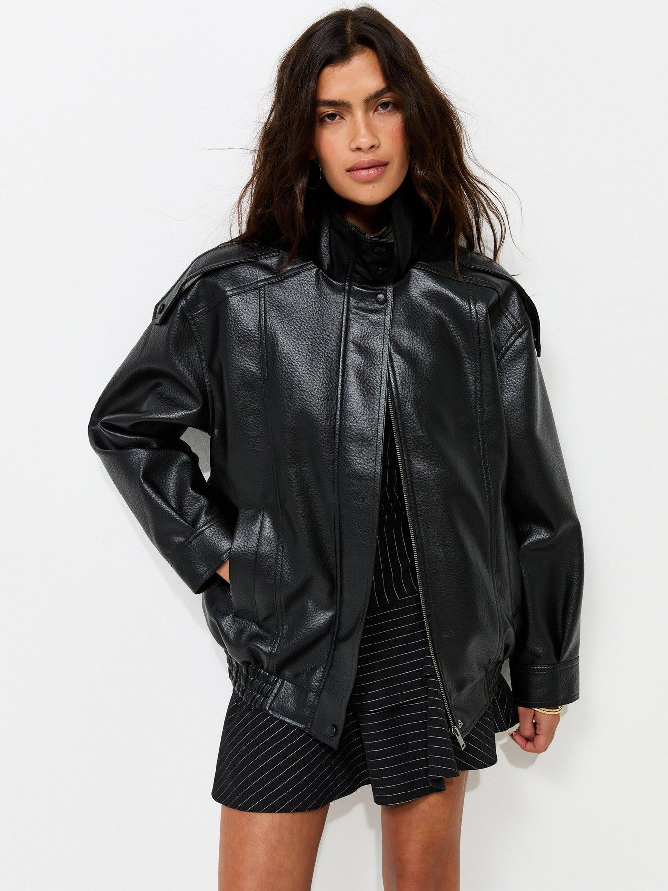 New Look Faux Leather Funnel Neck Oversized Jacket - Black
