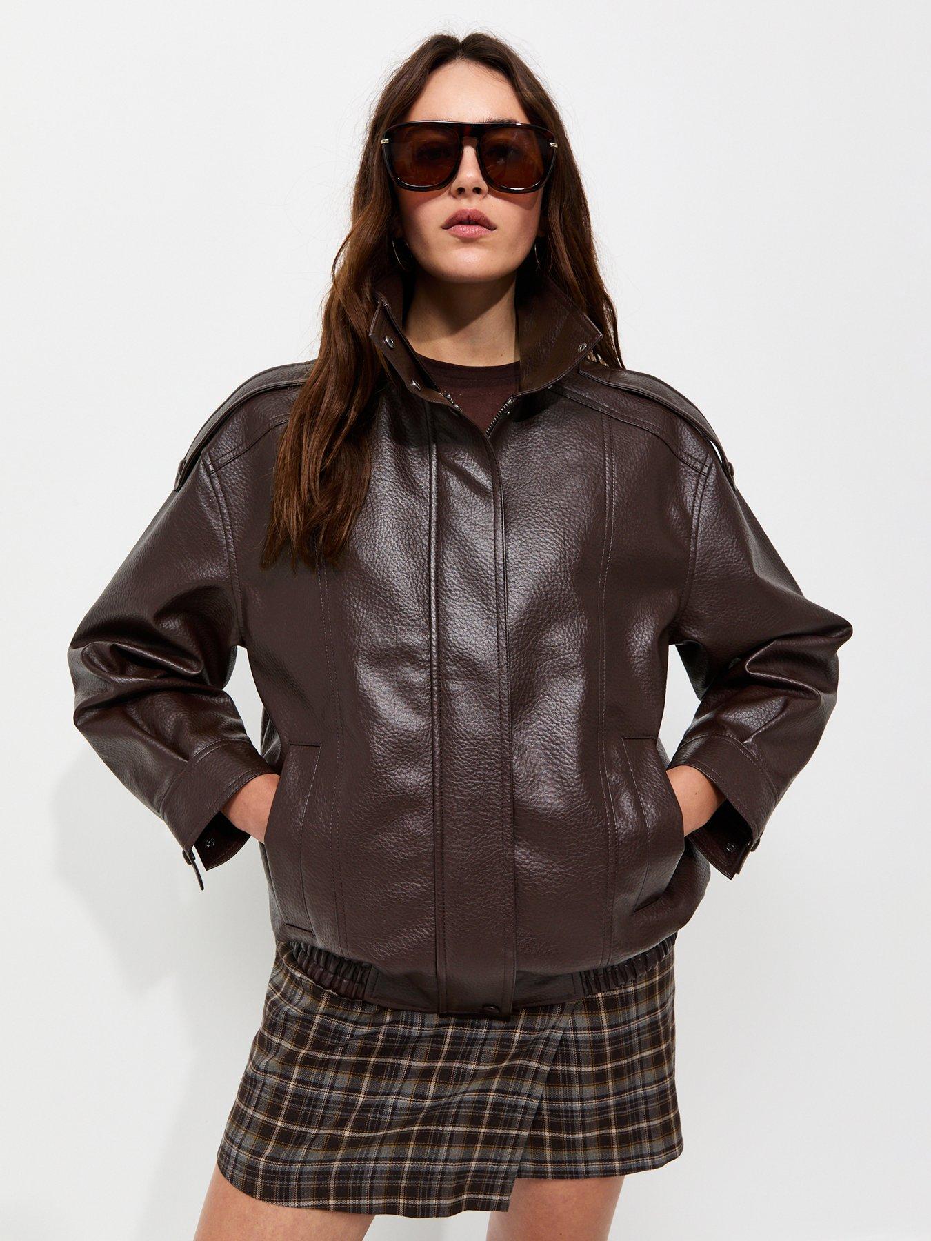 New Look Faux Leather Funnel Neck Oversized Jacket - Brown