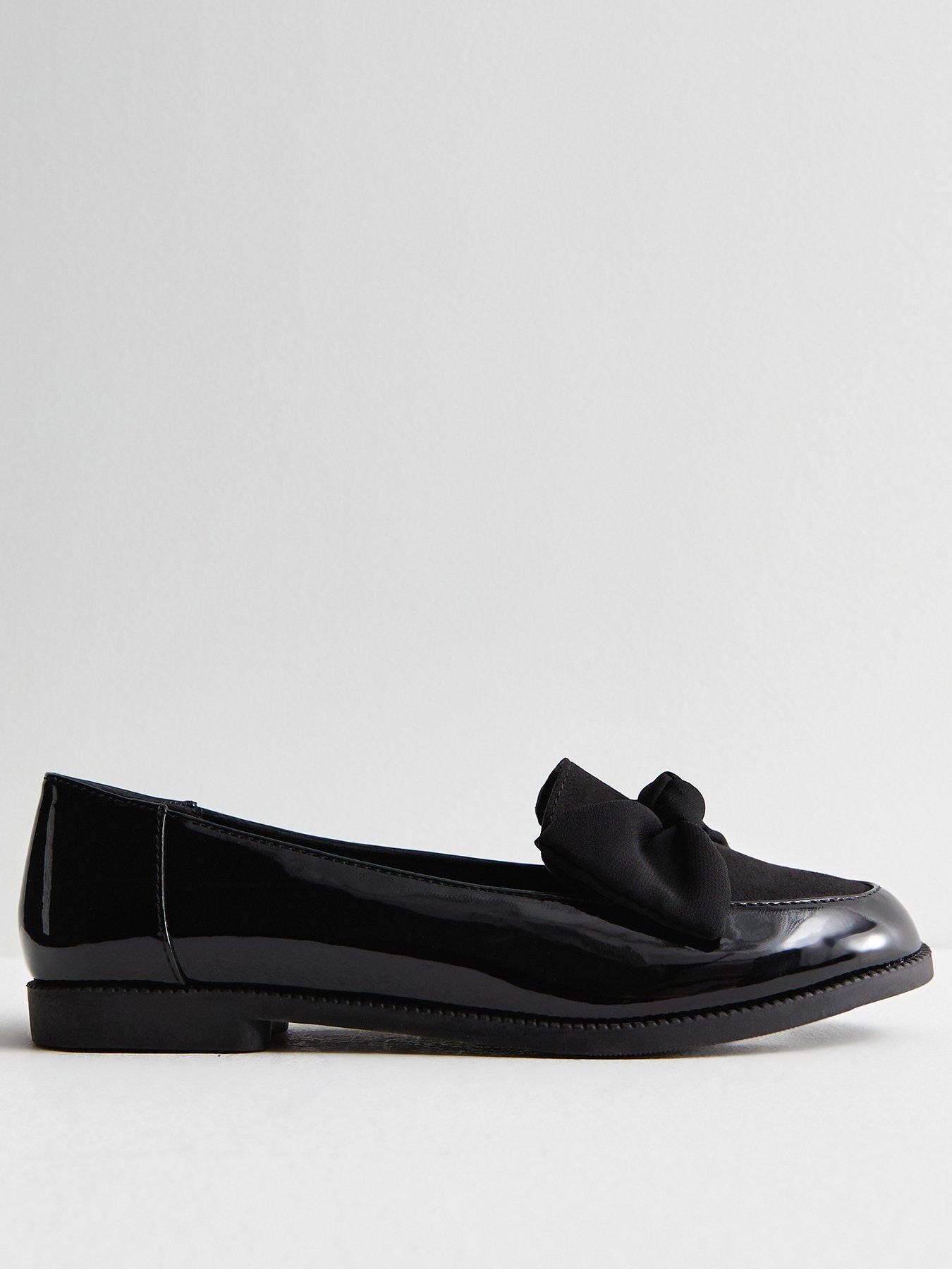 Image 1 of 6 of New Look Faux Patent Leather Bow Loafers - Black