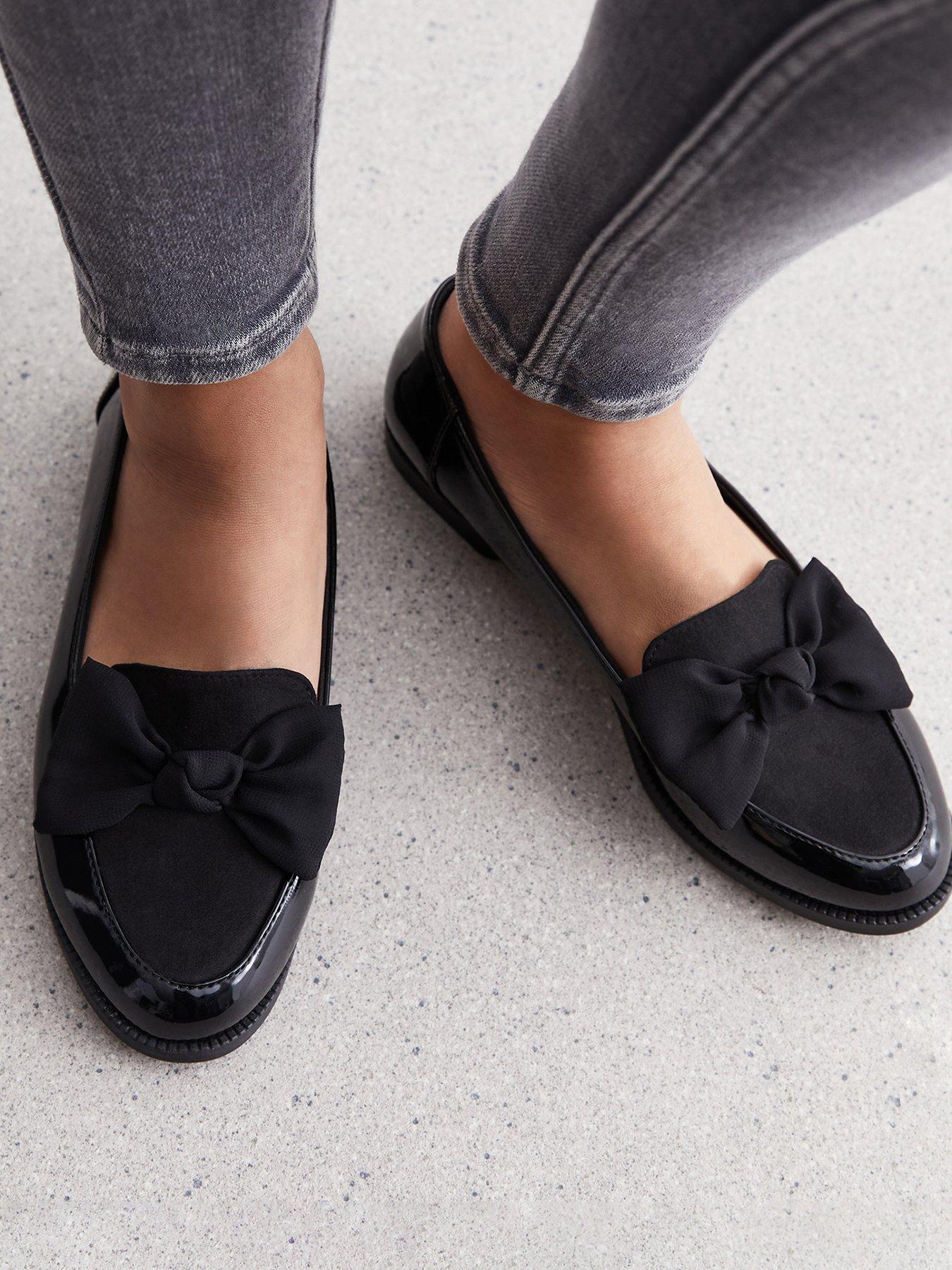Image 4 of 6 of New Look Faux Patent Leather Bow Loafers - Black