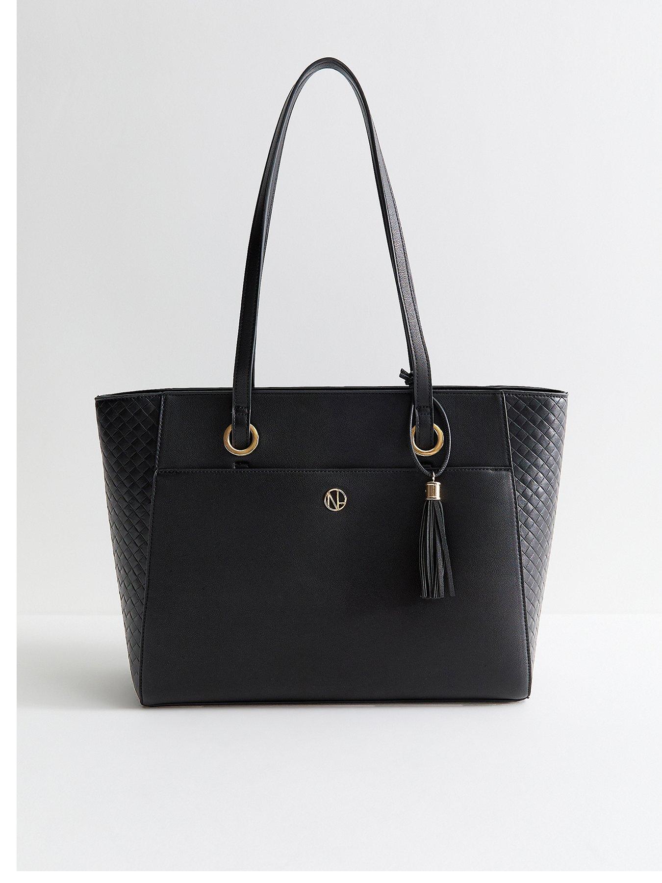New Look Faux Leather Woven Effect Panelled Tote Bag - Black