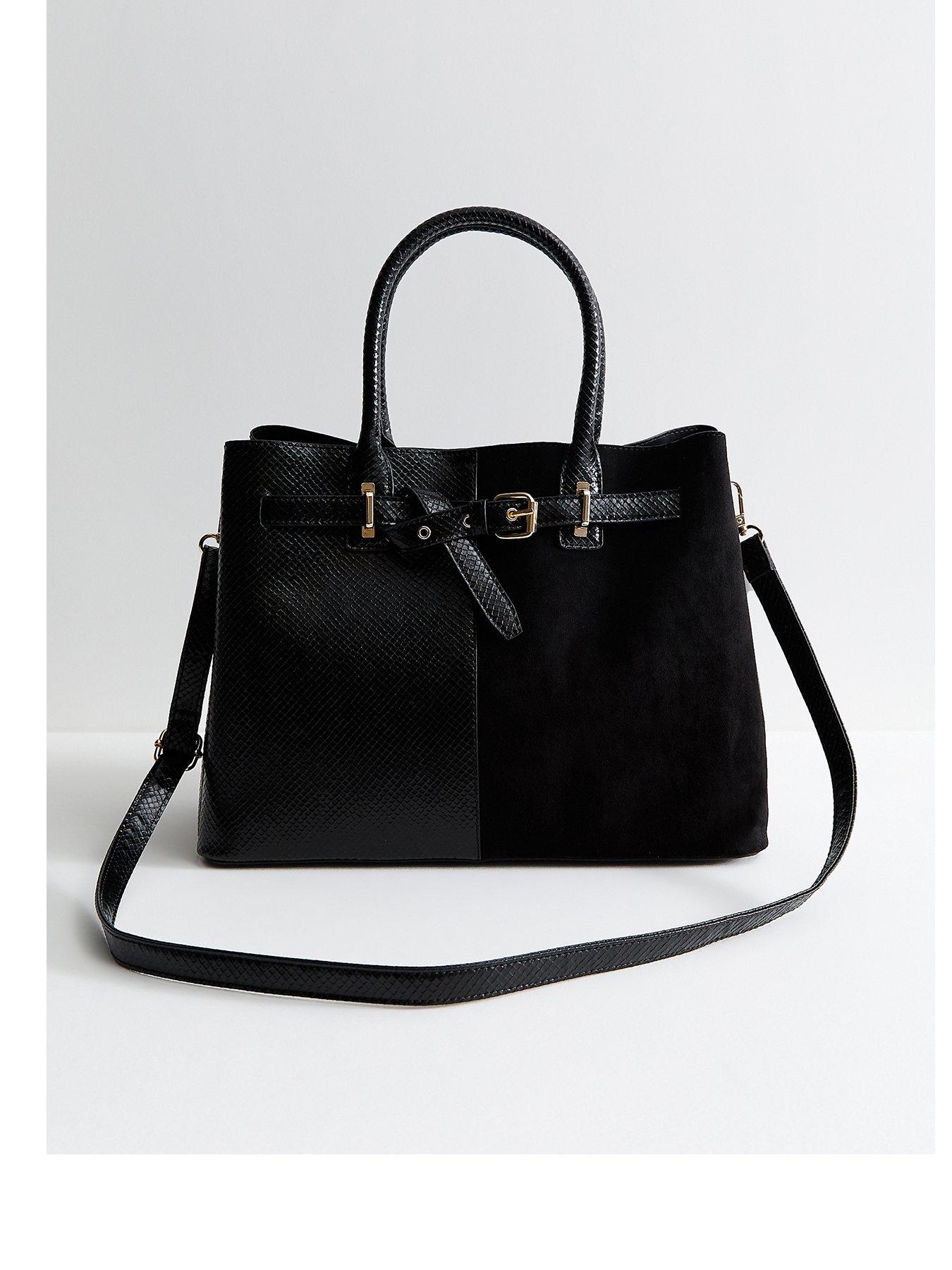 New Look Snake Embossed Faux Leather Belted Tote School Bag - Black