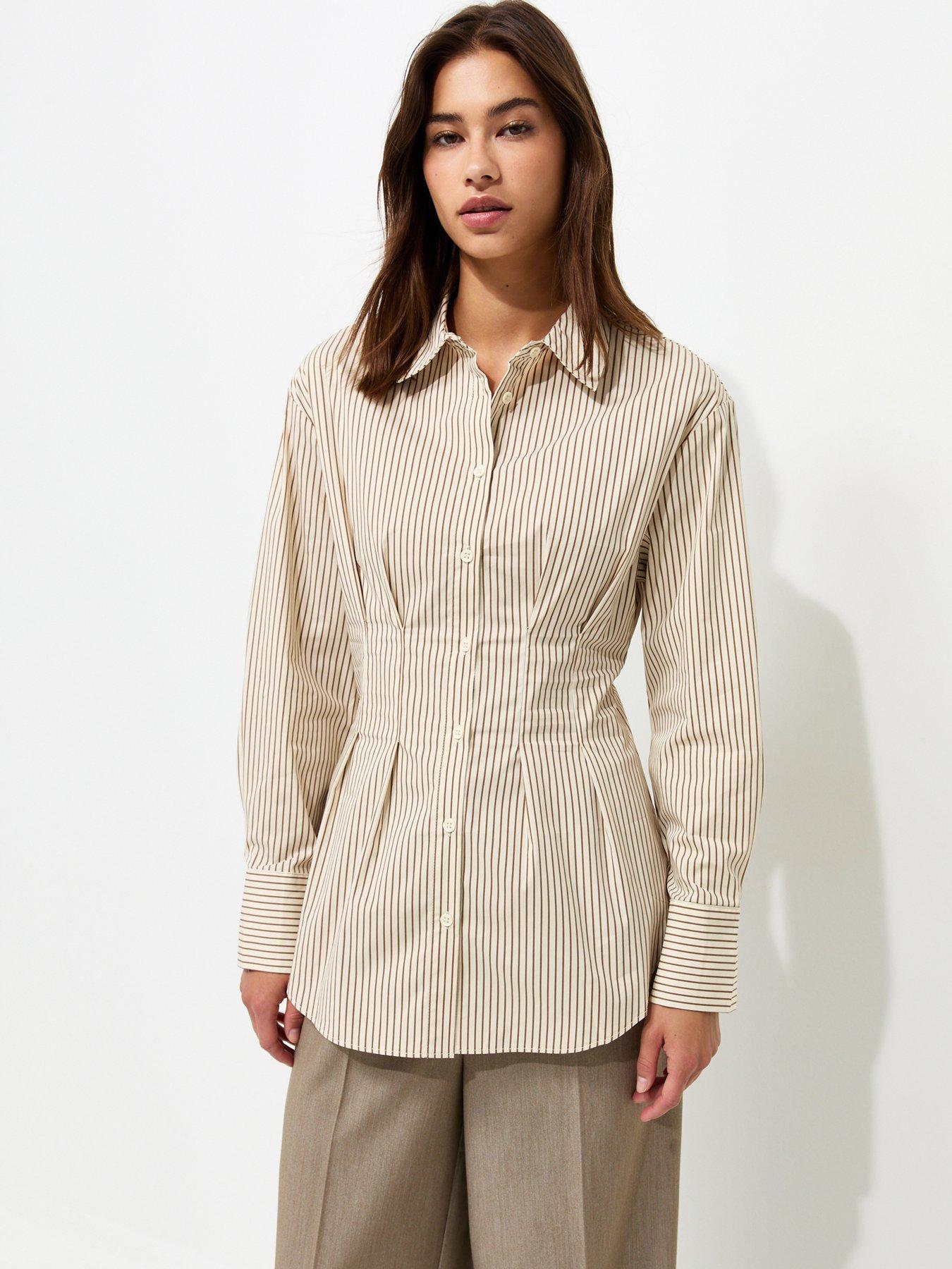 New Look Cream Cotton Rich Striped Fitted Waist Shirt