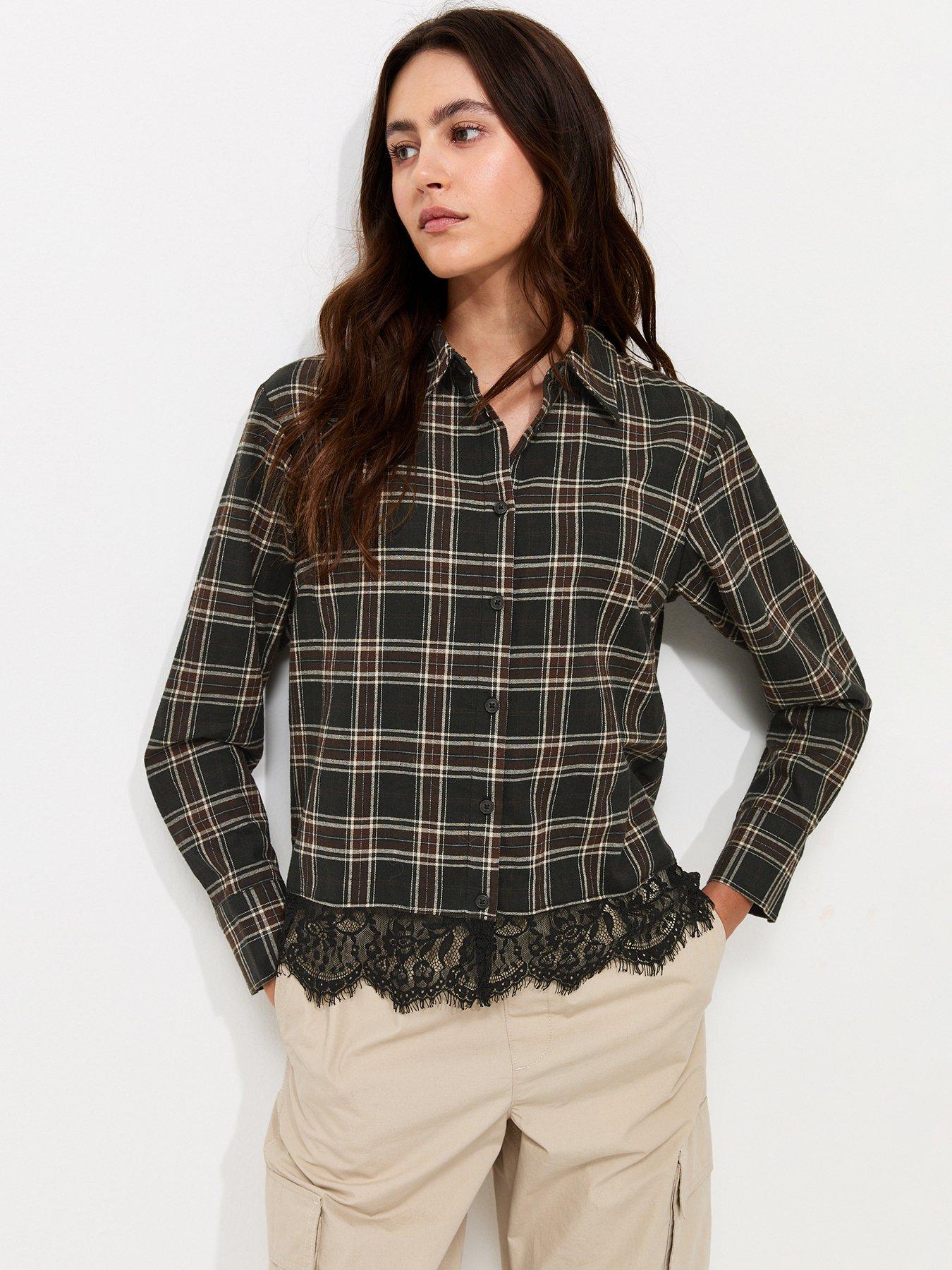 Image 1 of 5 of New Look Cotton Checked Lace Trim Shirt - Black