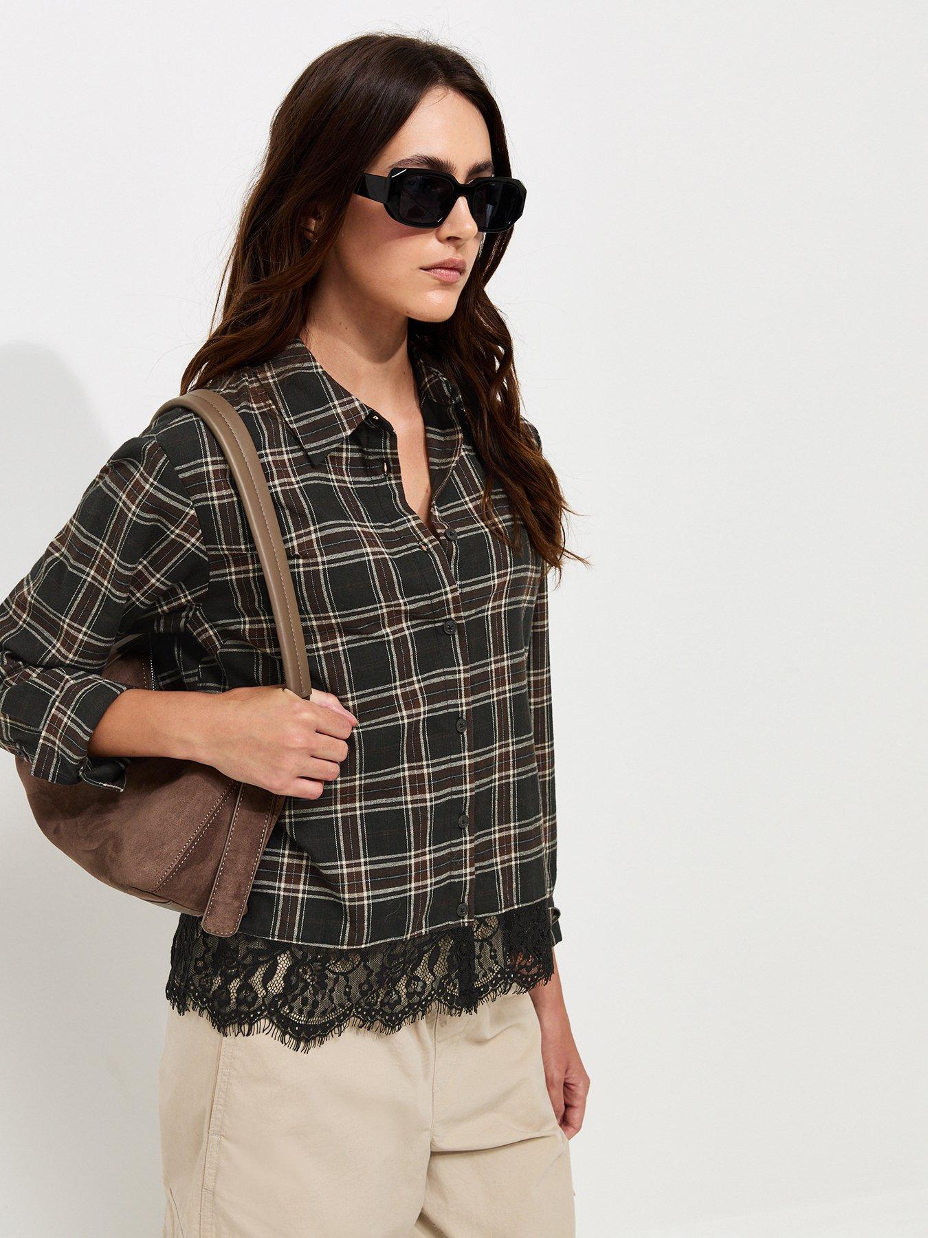 Image 4 of 5 of New Look Cotton Checked Lace Trim Shirt - Black