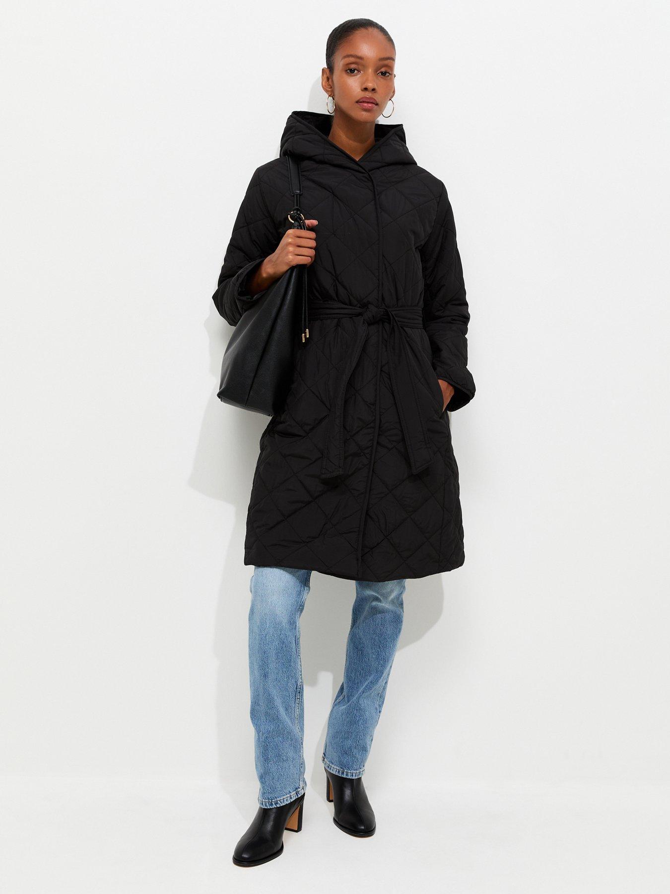 Image 1 of 5 of New Look Hooded Belted Quilted Longline Jacket - Black