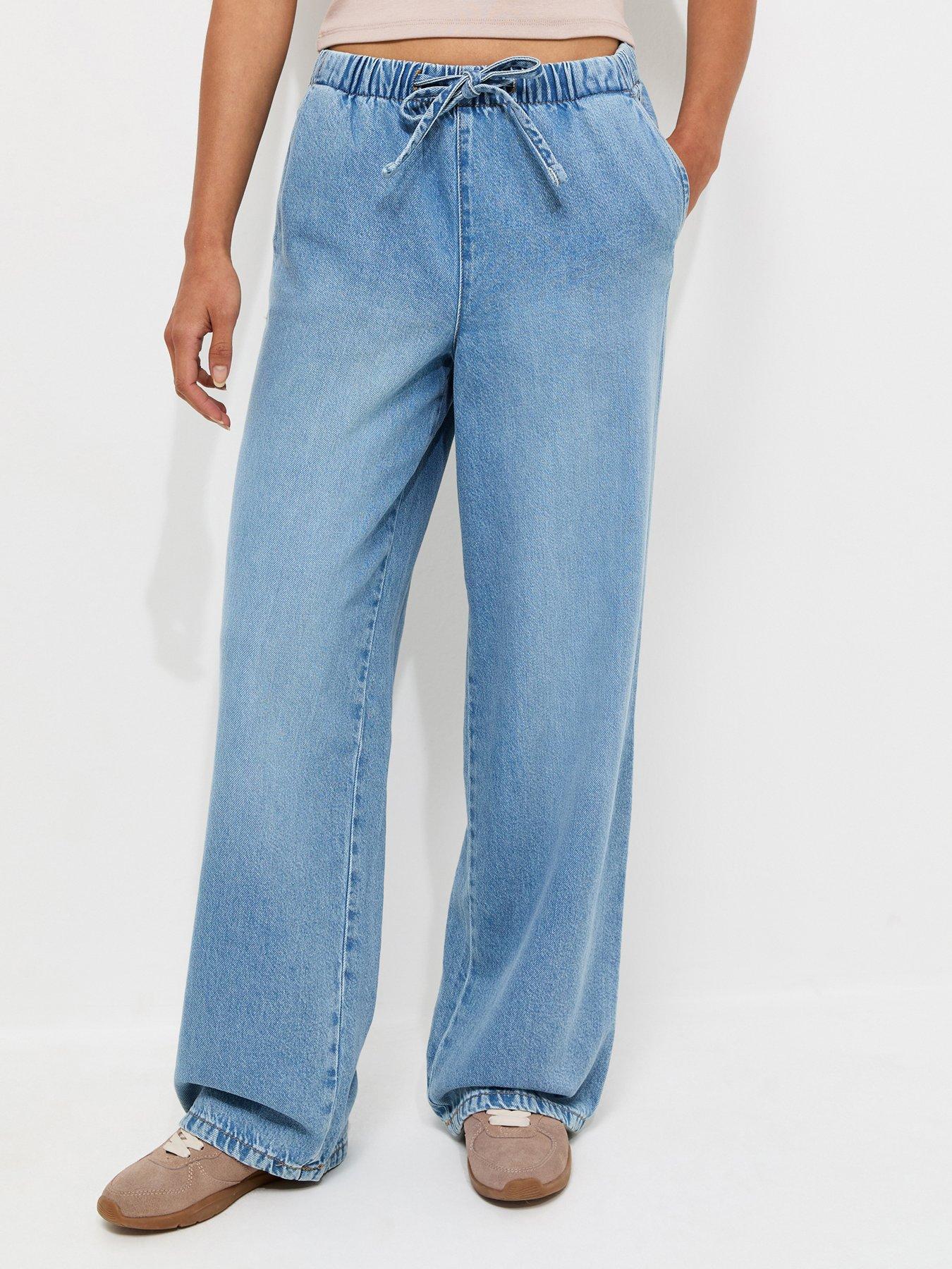 New Look Denim Wide Leg Drawstring Waist Jeans - Blue