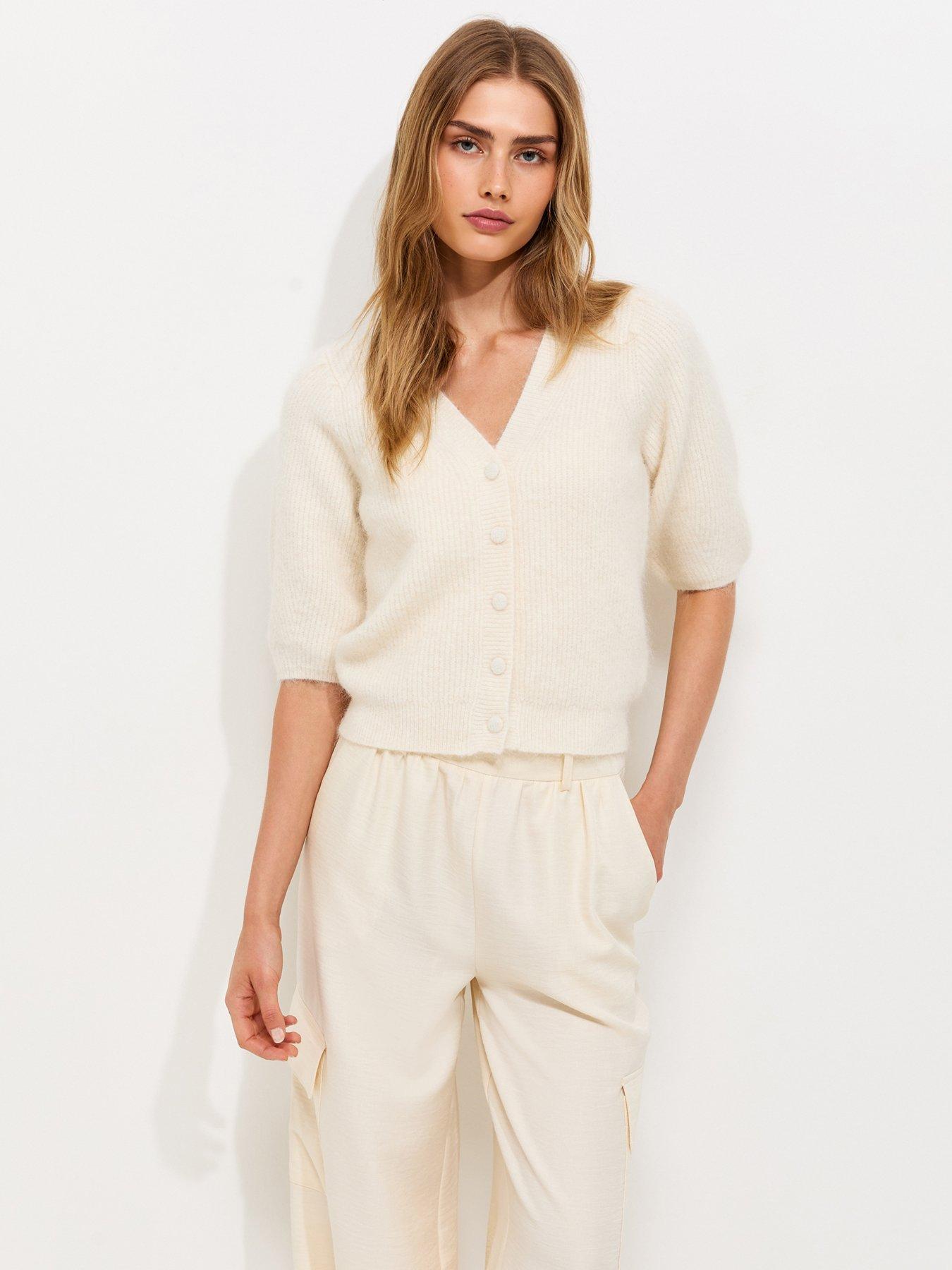 New Look Ribbed Knit Puff Sleeve Cardigan - Cream