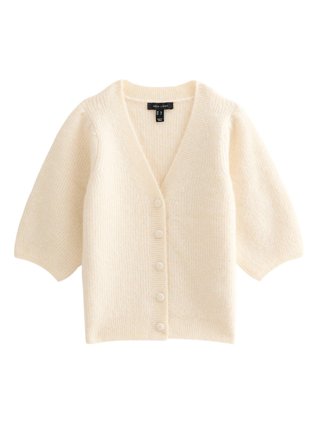 Image 5 of 6 of New Look Ribbed Knit Puff Sleeve Cardigan - Cream